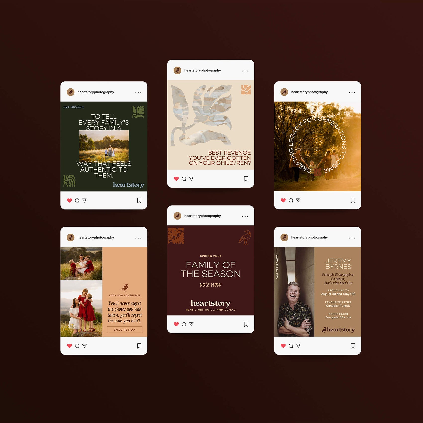 Photographer brand identity case study image showing examples of the Heartstory family photographer custom social media post designs. On a chocolate brown background sits six custom canva template designs that showcase the australiana inspired brand design. Alongside natural family photography images are a range of neutral, australia inspired colour palette with geometric retro typography adding to the mid century modern branding aesthetic.