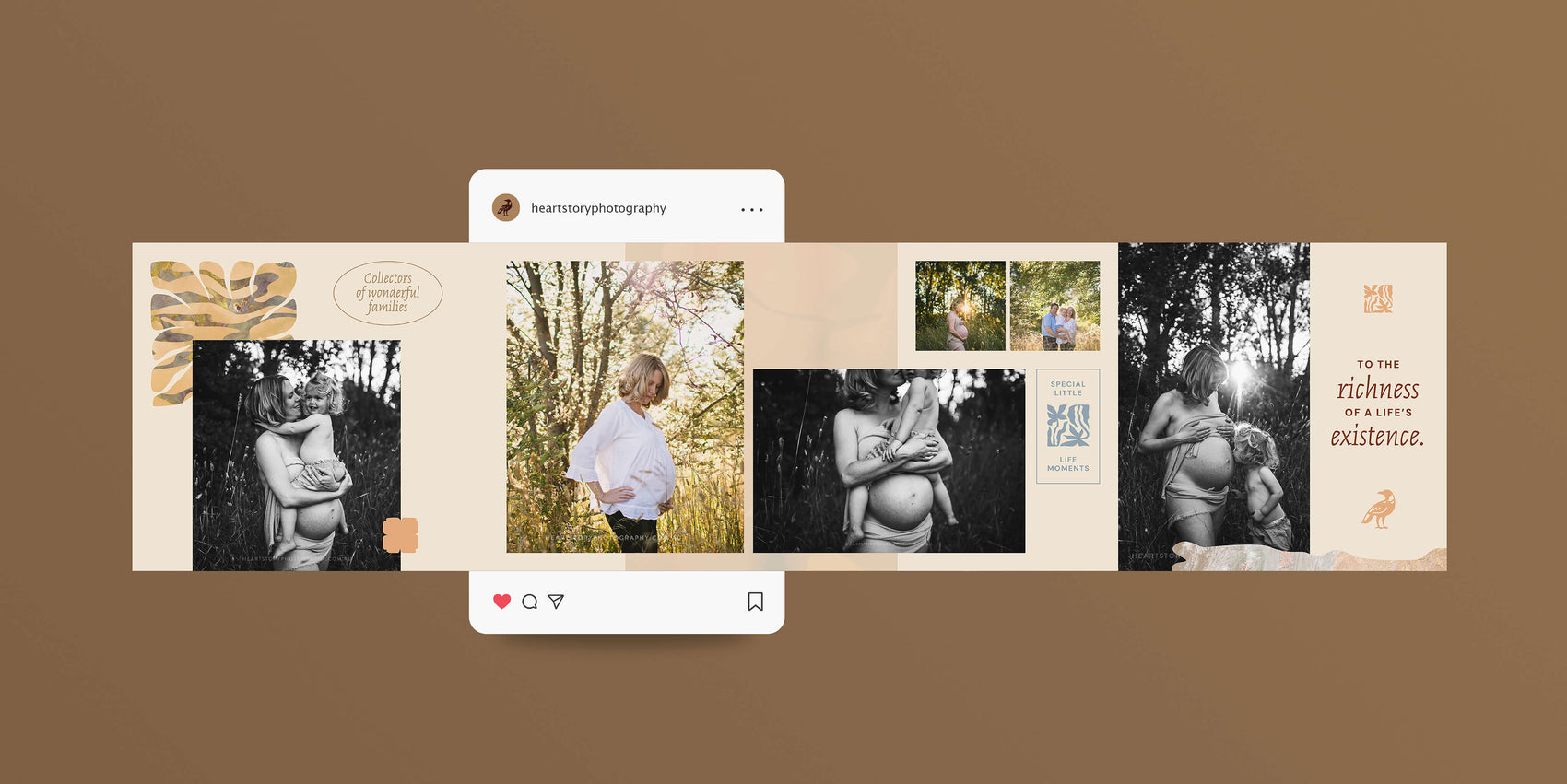Family photographer brand identity case study image showing examples of the Heartstory family photographer custom social media carousel post designs. On a tan brown background sits a cream coloured carousel showcasing images from a maternity photoshoot alongside the brand illustrations and texture.