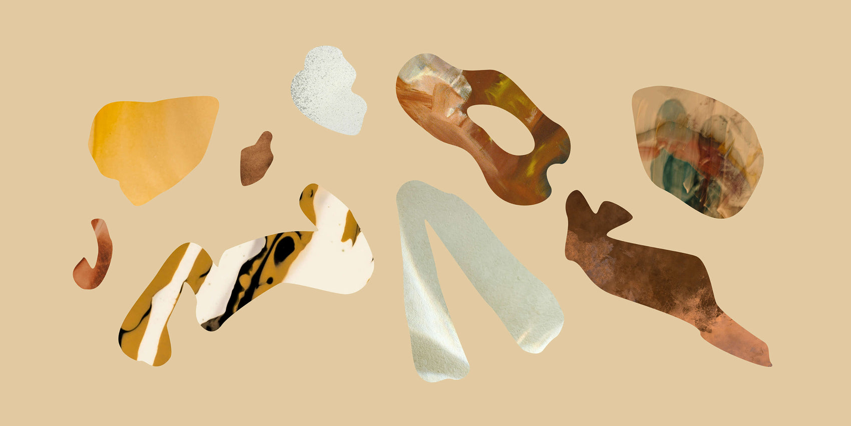 Brand designer portfolio image showing some of the mid century inspired illustrations as part of the Heartstory photographer brand design. On a textured cream background sits a set of blobby shapes, all masking various textures and colours in an earth toned Australia inspired colour palette.