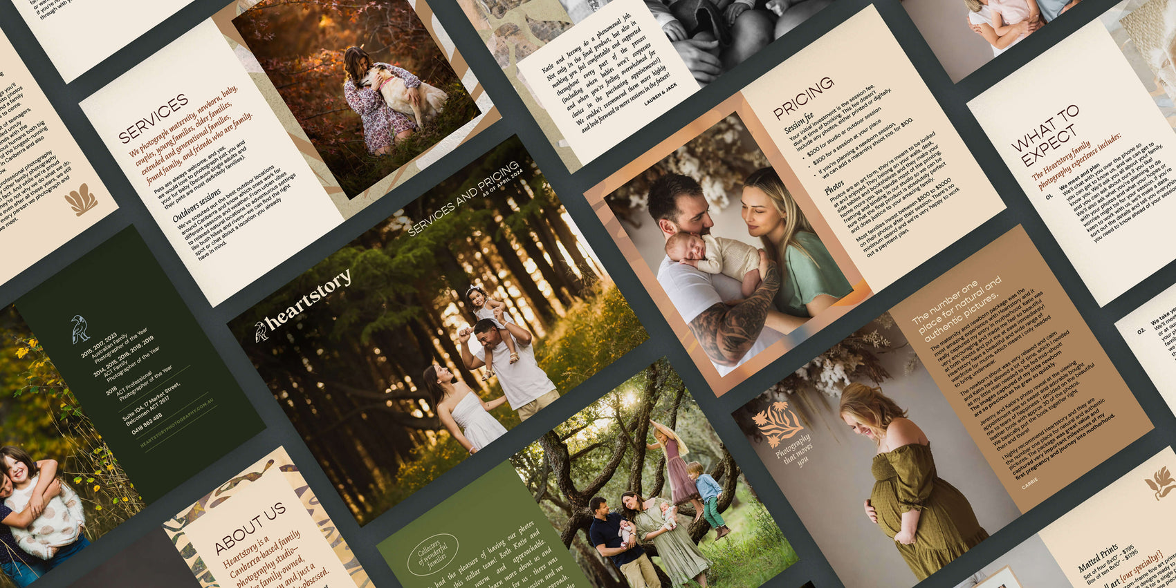 Australian brand design portfolio image showing spreads from the Heartstory family photographer service guide document design. Using elements from the Australiana-inspired brand identity, the design has plentiful images of Heartstory clients alongside the supporting brand textured and australian flower inspired brand marks.