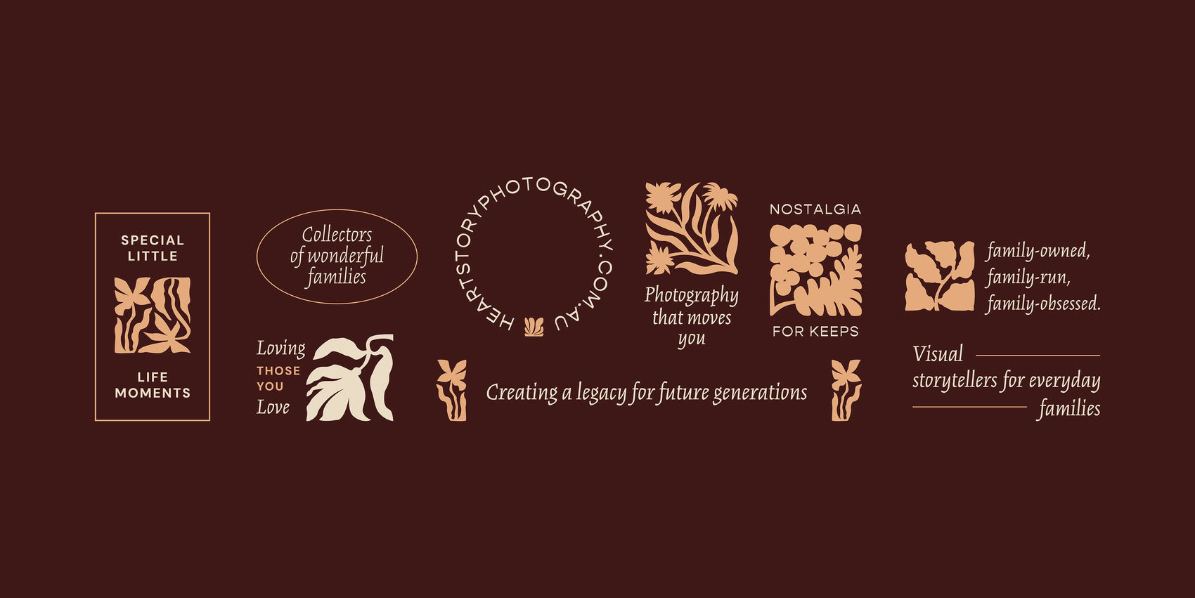 Australian photographer rebranding case study image showing a collection of branding submarks for family photographer Heartstory. Taking inspiration from australian native flower motifs, a range of small marks in shades of cream and peach pink appear on a chocolate brown background. The marks vary in style but all feature the retro-inspired typography for interest.