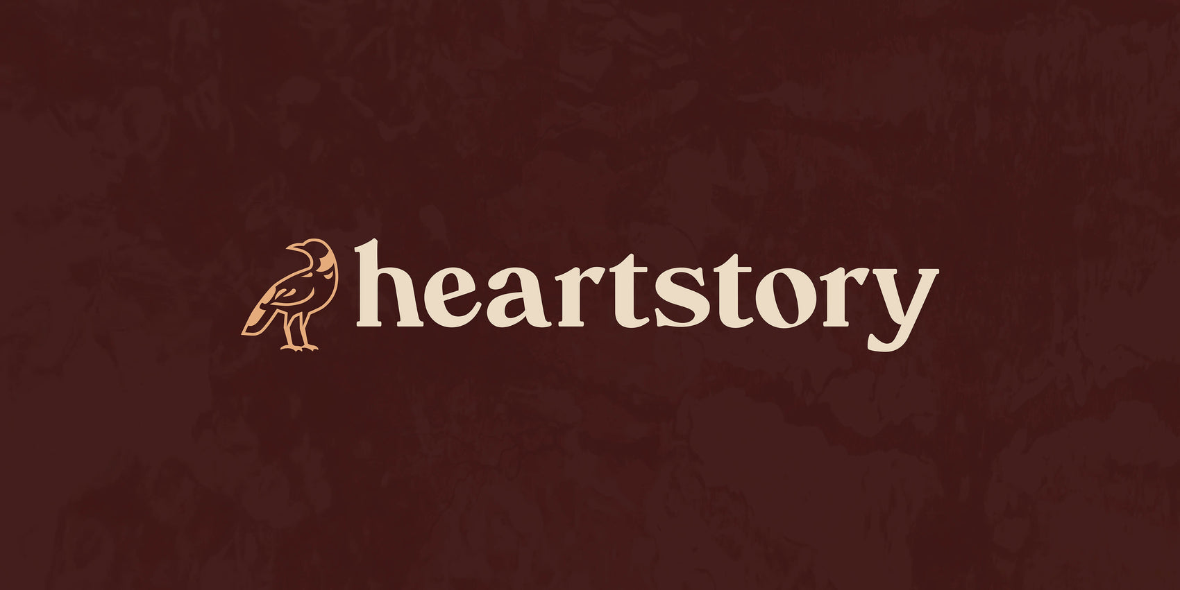 Photographer brand identity case study image of the Heartstory custom logo design. On a background of deep brown, the stacked chunky serif logo has a magpie logo icon to the side of it in pink.