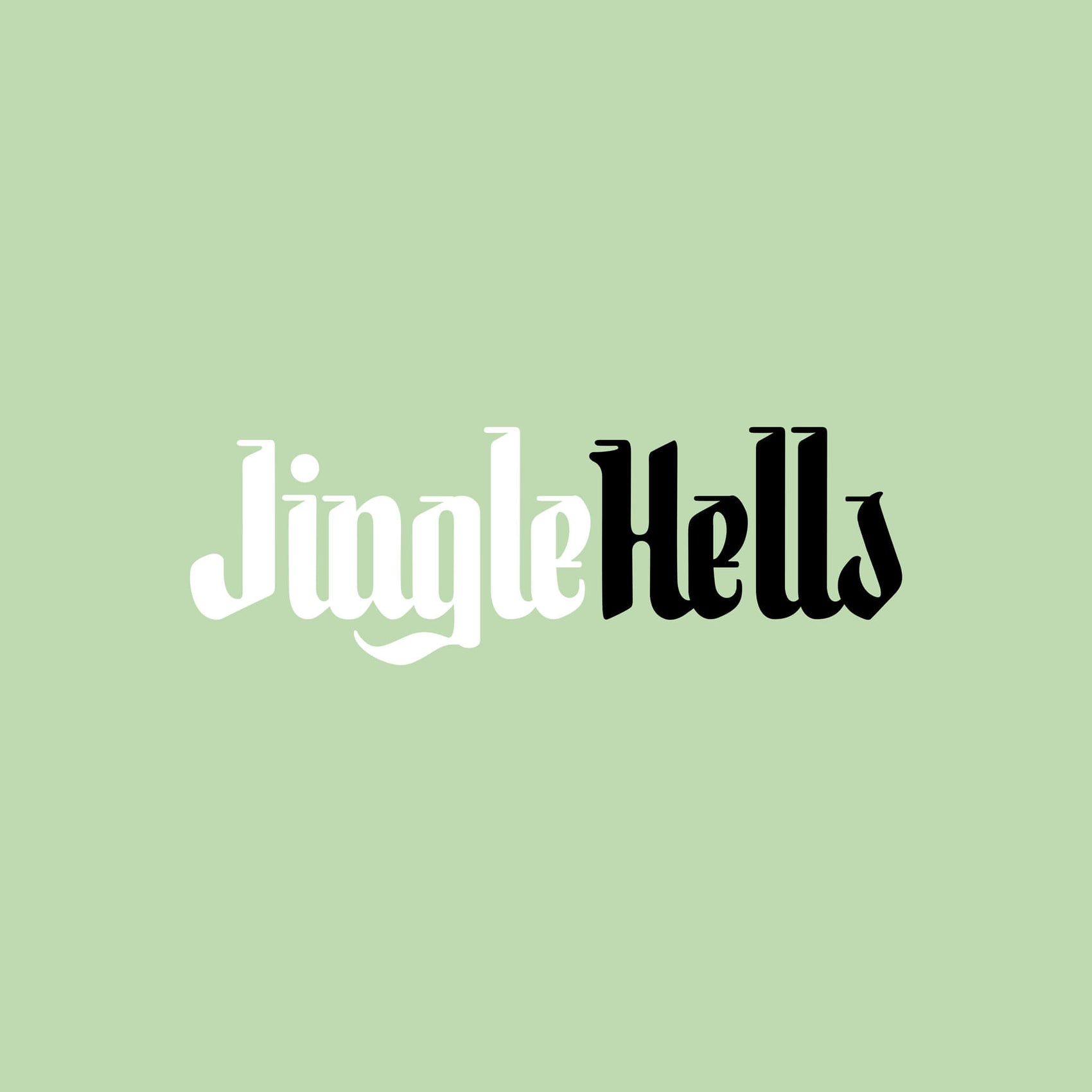 Stationery custom logo design for Jingle Hells. On a mint green background sits the blackletter inspired logo design, the first word in white and the second in black. 