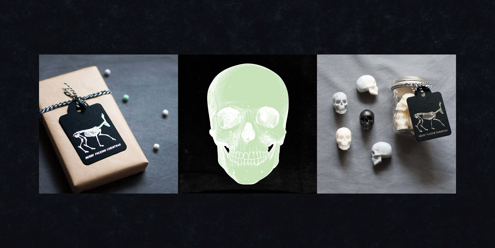 Rebranding case study image of Jingle Hells social media posts. One post is a product image of a wrapped gift with custom silver foil tag, the second is a mint green skull on black and the third is a product image of assorted grey, white and black skull-shaped soaps in a jar with label. 