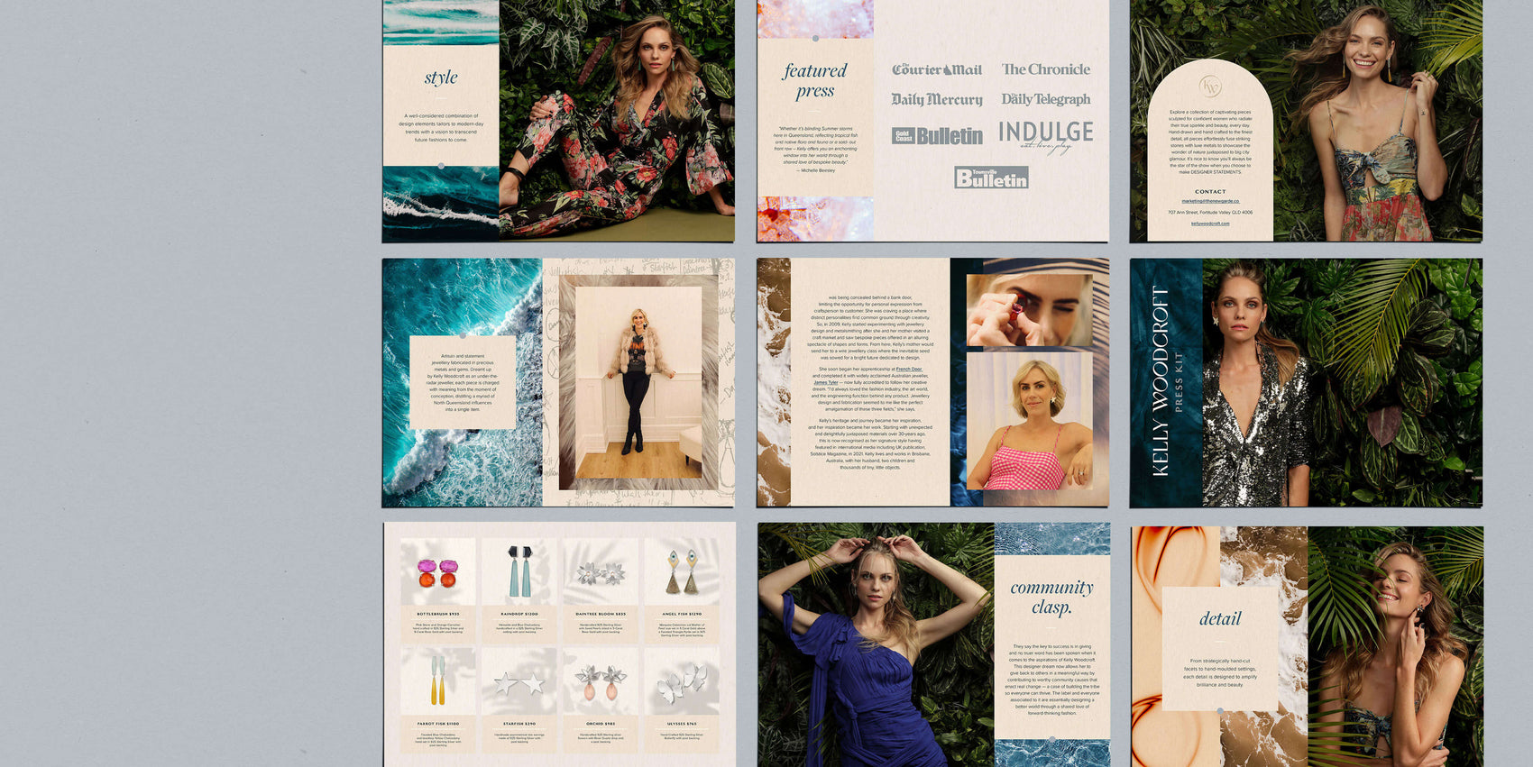 Fashion brand design portfolio image of the Kelly Woodcroft press kit. The layouts feature brand imagery, elegant serif typography and nature-inspired stock textures. 