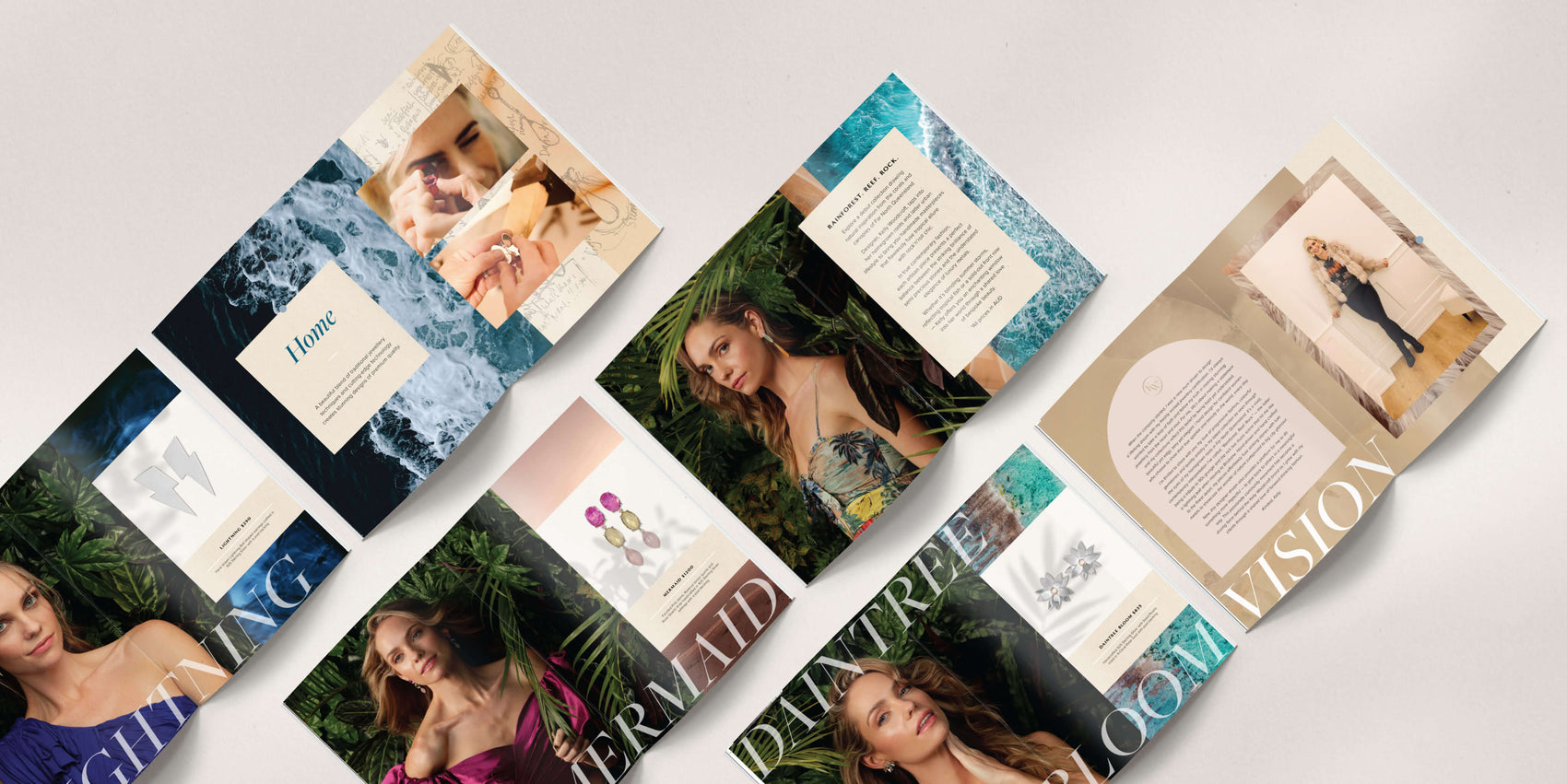 Brand identity examples image of the Kelly Woodcroft fashion lookbook. The layouts feature brand imagery, elegant serif typography and nature-inspired stock textures. 