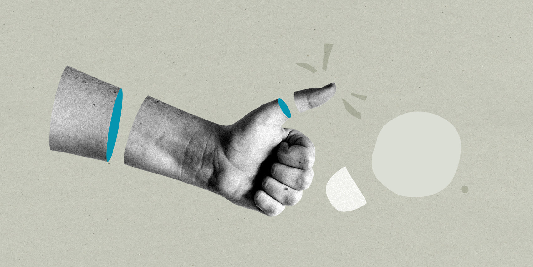 Rebranding case study image for the Social Proof Sidekick of a hand collage showing a black and white hand giving a thumbs up. Bold shapes and blue detailing is present on the beige coloured background. 