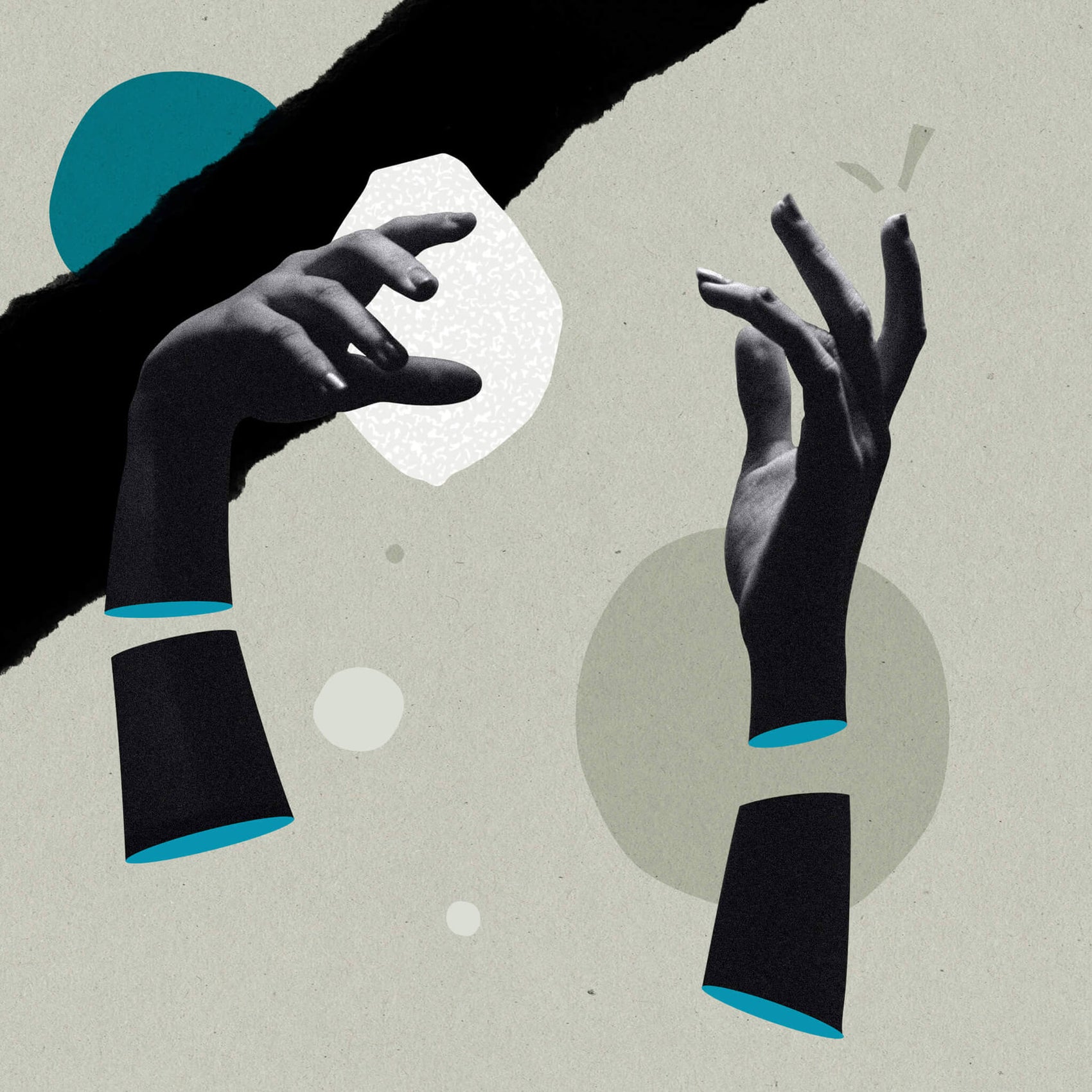 Rebranding case study image for the Social Proof Sidekick shows a collage of two hands on a beige background. Geometric shapes and blue detailing also is present to add to the dynamic feel.