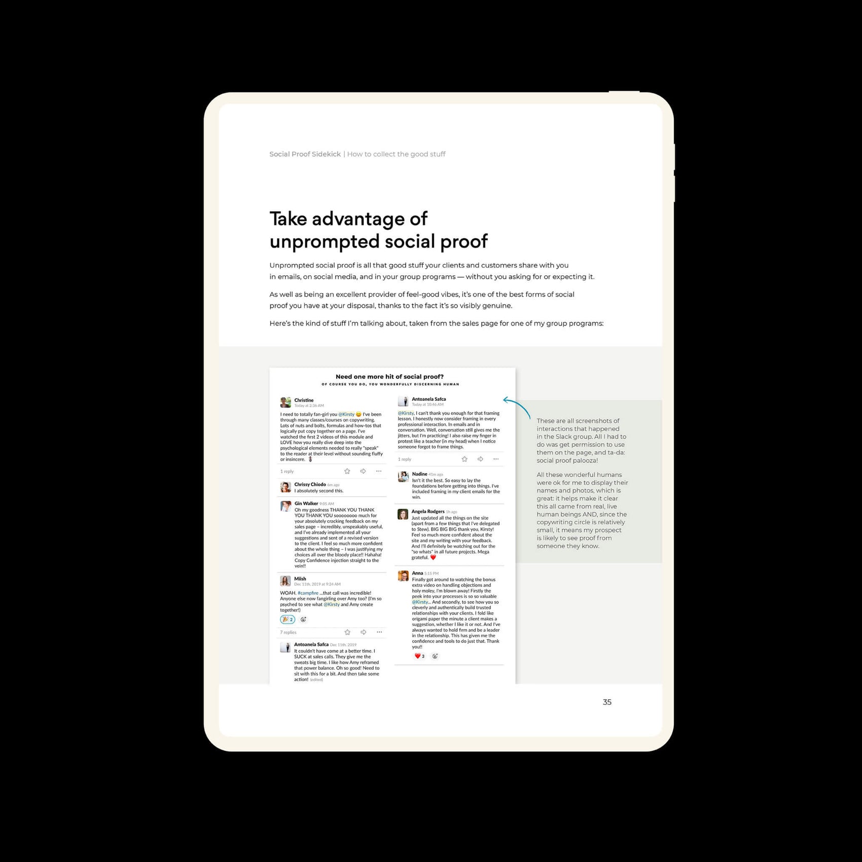 Brand designer portfolio image for the Social Proof sidekick shows an ipad on a black background. A content page shows clean typesetting, a screenshot example and labelled annotations. 