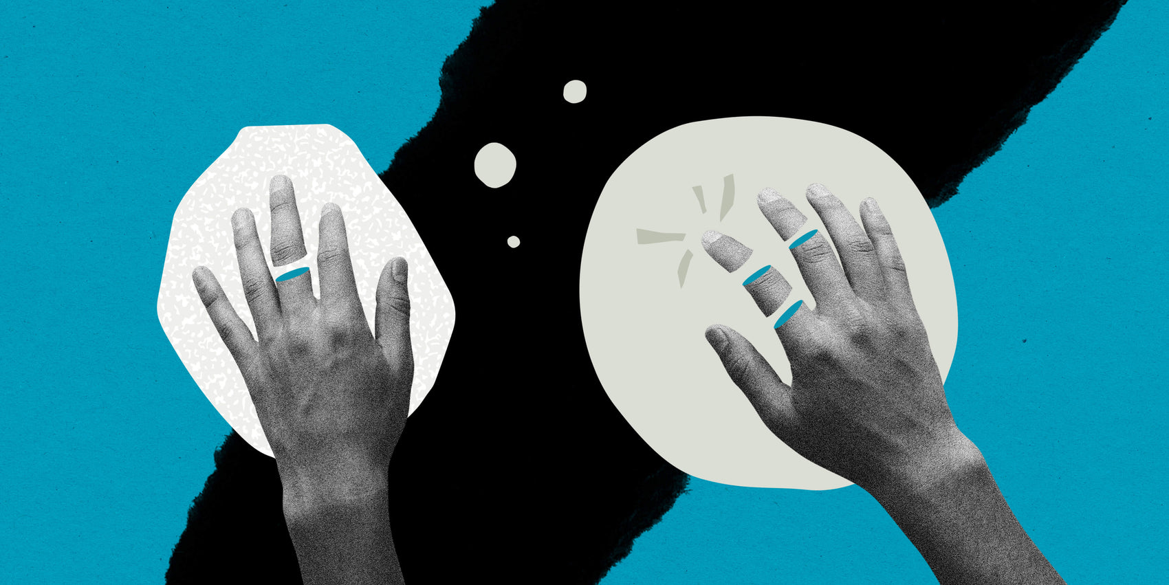 Brand design portfolio image for the Social Proof Sidekick ebook that shows a collage with two black and white hands hovering over a blue and black background. 