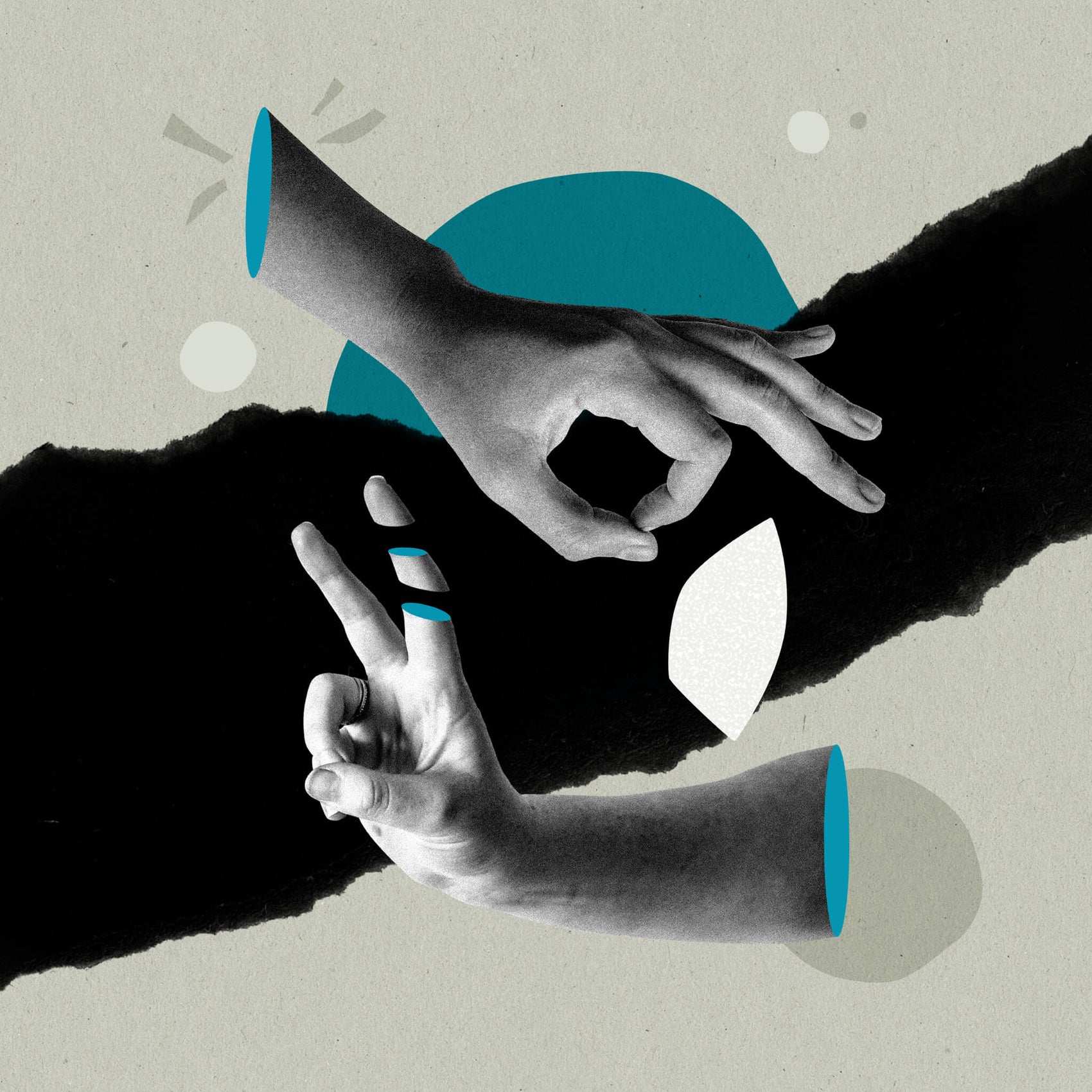 Rebranding case study image for the Social Proof Sidekick shows a collage of two hands on a beige background. Geometric shapes and blue detailing also is present to add to the dynamic feel.