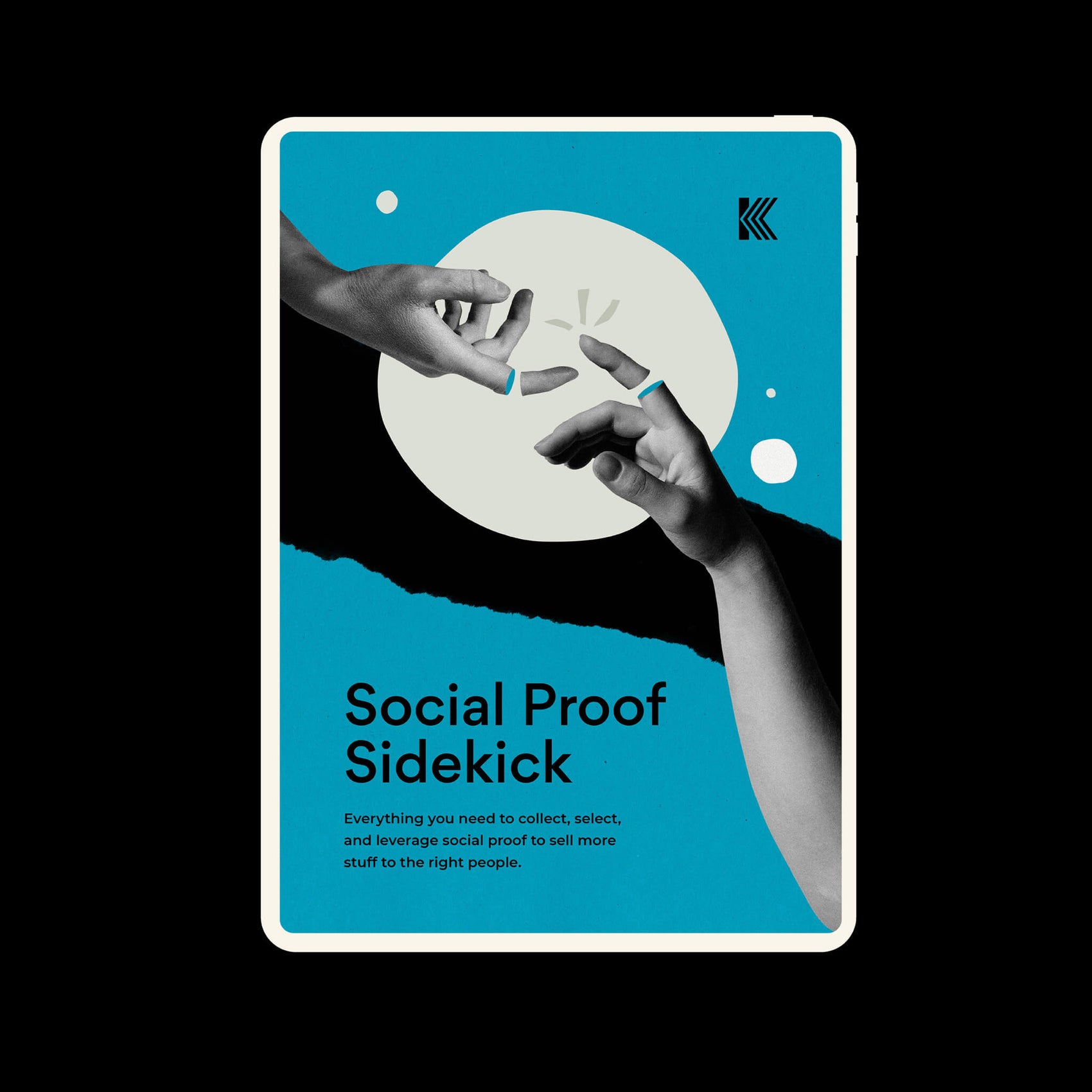 Brand designer portfolio image for the Social Proof sidekick shows an ipad on a black background. The cover image for the ebook shows a bright blue background and black and white collaged hands on the front.