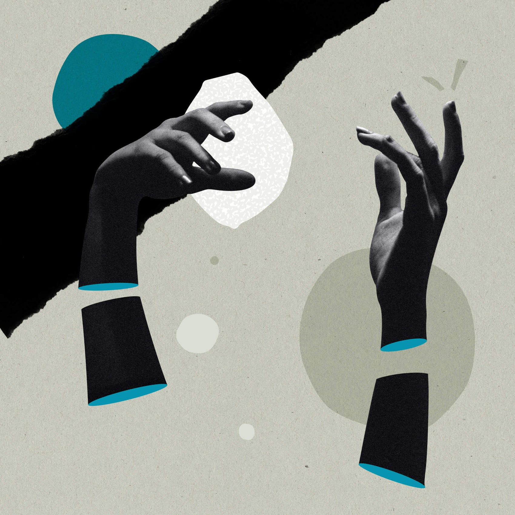 Rebranding case study image for the Social Proof Sidekick shows a collage of two hands on a beige background. Geometric shapes and blue detailing also is present to add to the dynamic feel.