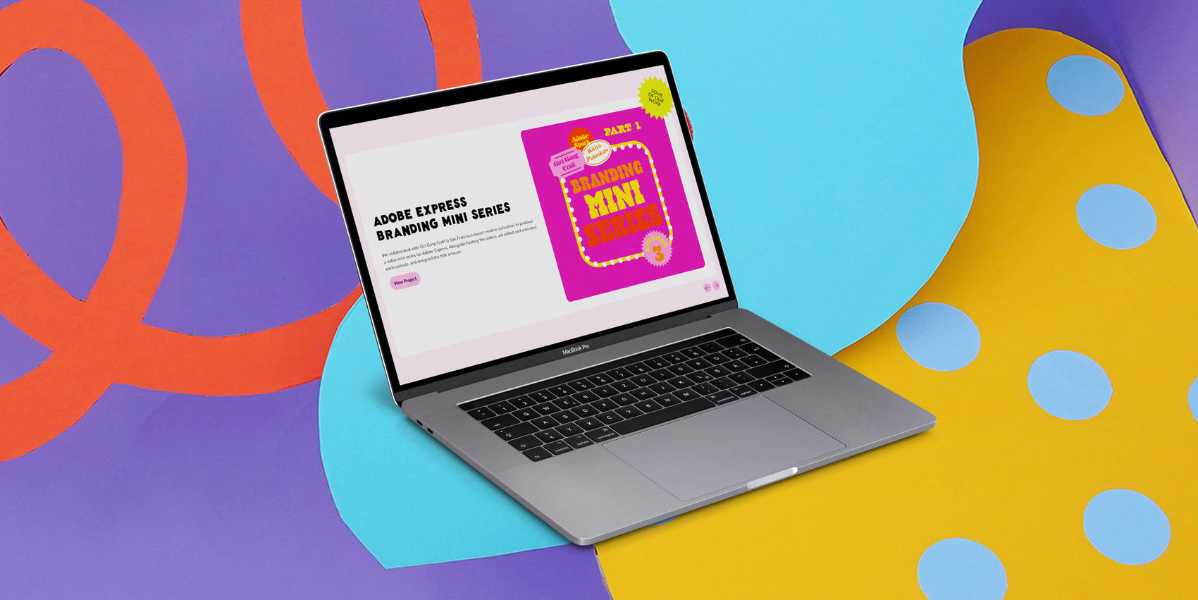 Maker brand design portfolio showcasing several pages on the Kitiya Palaskas Shopify website pages. Colourful design and fun typography is displayed on a Macbook screen that sits in a colourful paper landscape. 