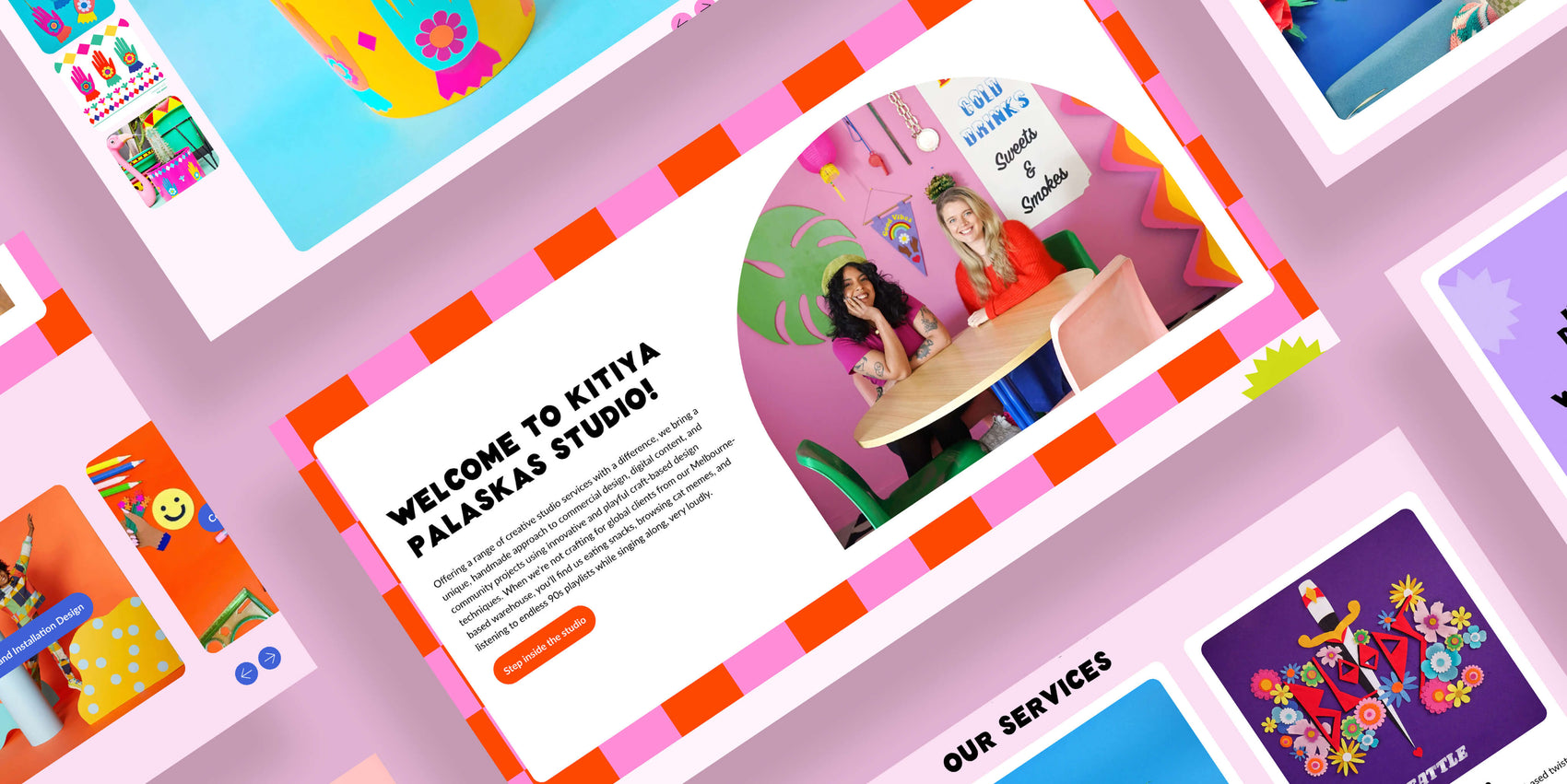Maker brand design portfolio showcasing several pages of the Kitiya Palaskas Shopify website design. The pages look bold and colourful and feature bright patterns and brand photography. 