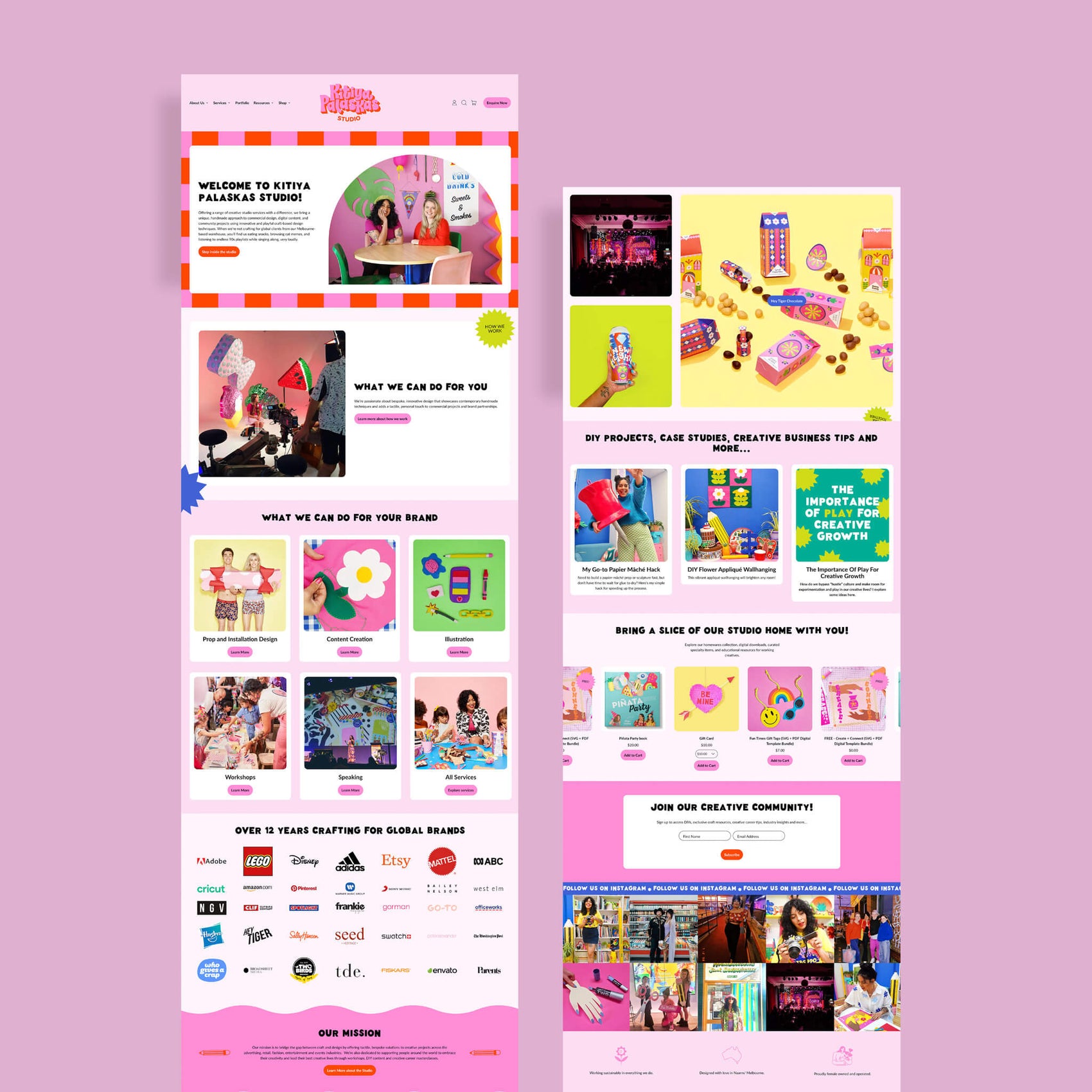 Maker brand identity case study image of Kitiya Palaskas’ homepage of their Shopify website. The layout features many sections and showcases the bright brand colours and consistent photographic style. 