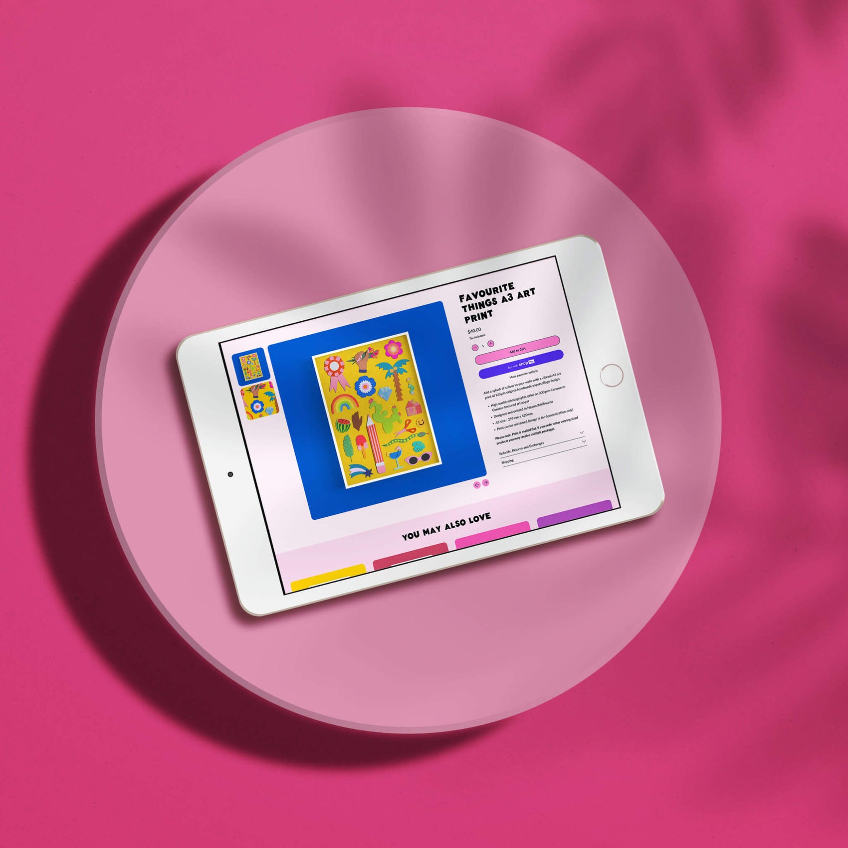 Brand designer portfolio image of the Kitiya Palaskas shopify website, here showing a product listing for a colourful hand cut paper print. 