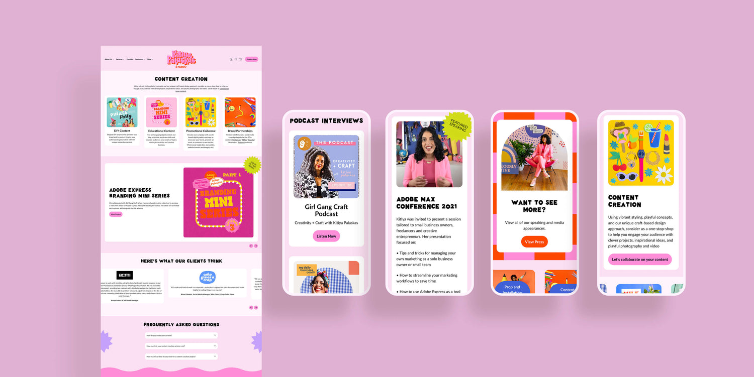 Crafter brand identity case study image of some of Kitiya Palaskas’ service content pages on desktop and mobile. 