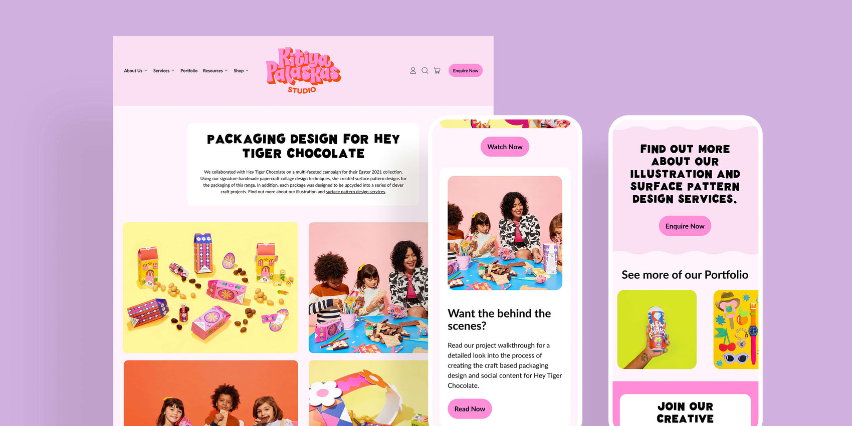 Crafter brand identity case study image of some of Kitiya Palaskas’ portfolio content pages on desktop and mobile. 