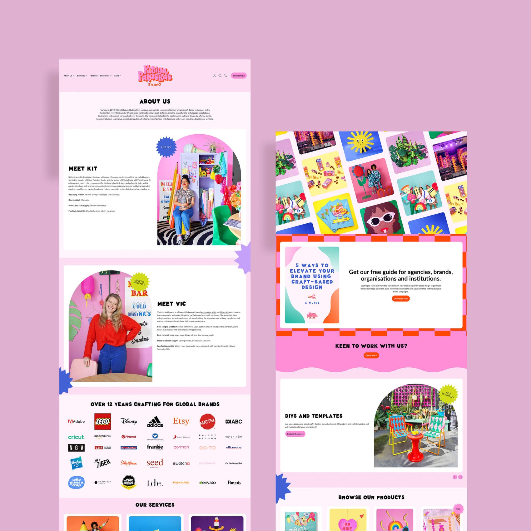 Maker brand identity case study image of some of Kitiya Palaskas’ about content pages on desktop and mobile. 