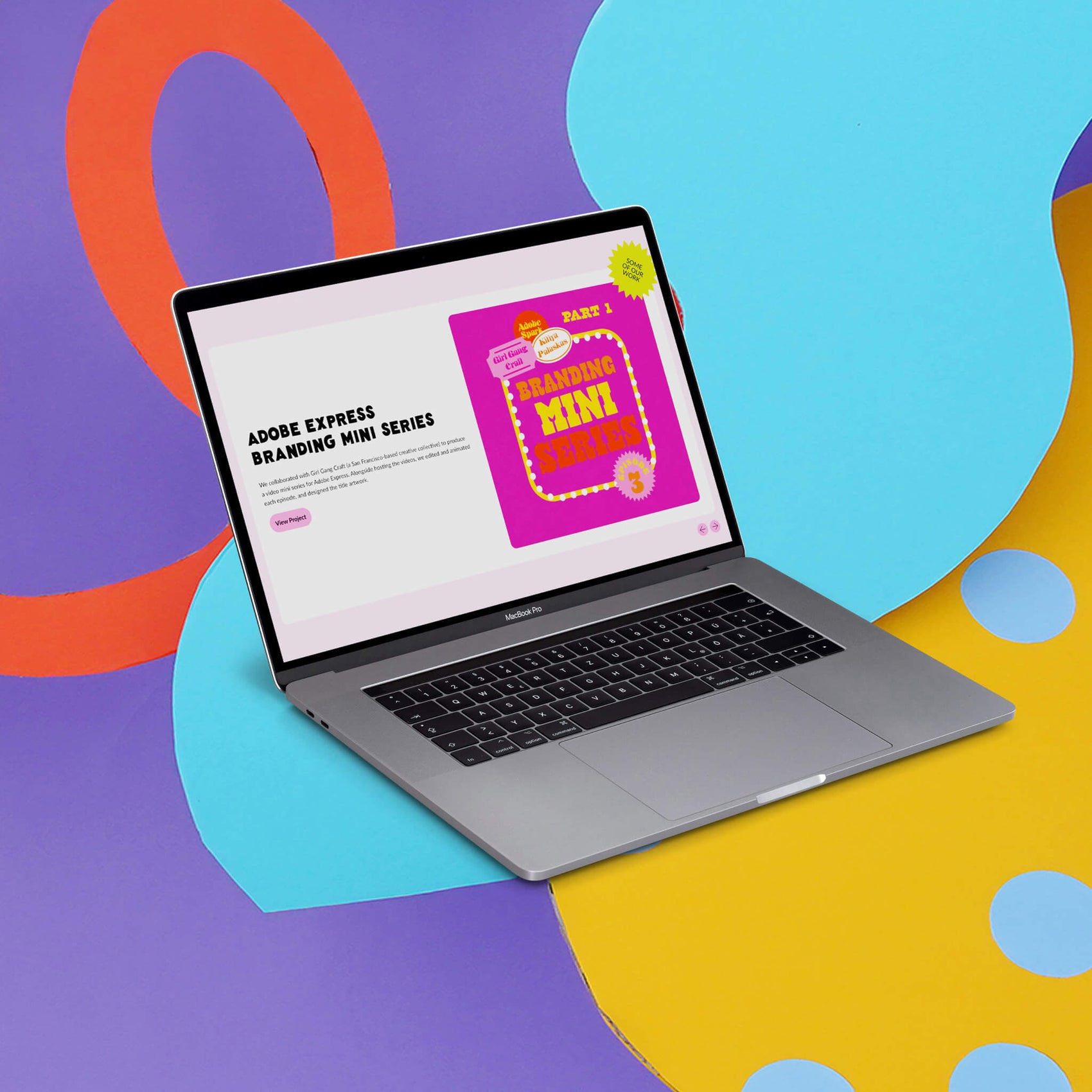 Maker brand design portfolio showcasing several pages on the Kitiya Palaskas Shopify website pages. Colourful design and fun typography is displayed on a Macbook screen that sits in a colourful paper landscape. 