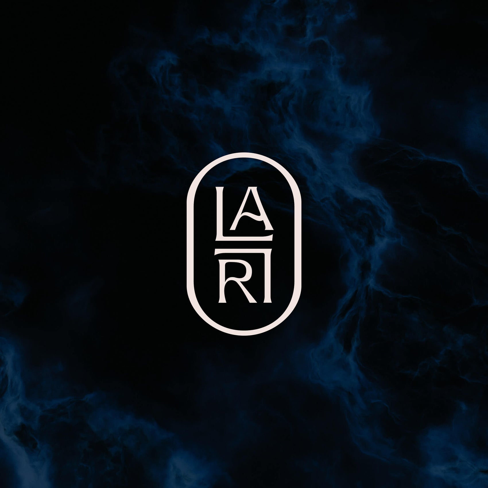 Coach brand design portfolio image of the Live A Love Riot brand icon. The coach brand identity sees a cream mark with angular letterforms over a textured deep blue background. 