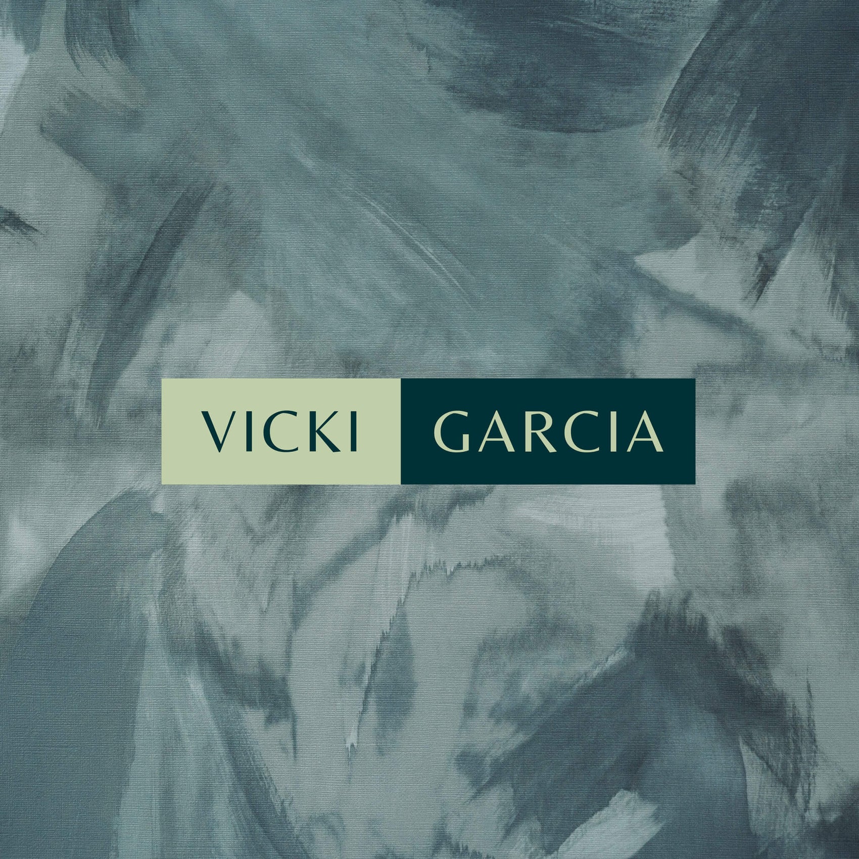 Coach brand identity case study image of the secondary Vicki Garcia logo as part of the Live a Love riot coach branding. On a textured green background the minimal logo sits, two block colours behind Vicki’s first and last name. 