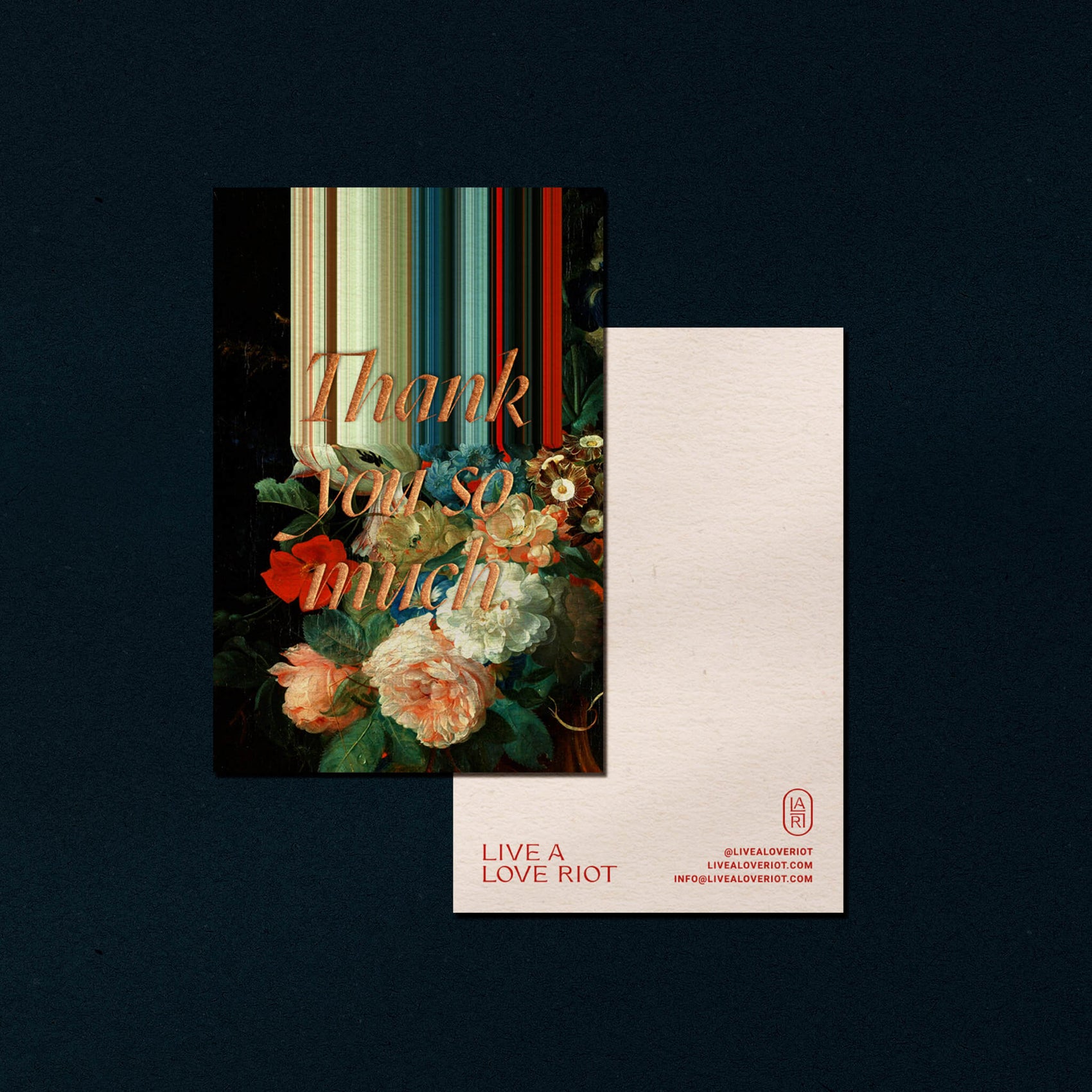 Coach rebranding case study image of the Live A Love Riot thank you card. The front features a detailed historical vanitas blur graphic with copper foil details while the back is for a handwritten message. 