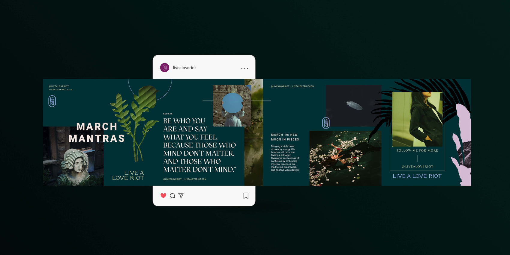 Brand designer examples image an Live A Love Riot carousel post on Instagram. The green post features collage style assets and layered photography for a monthly ‘moodboard’ style post.
