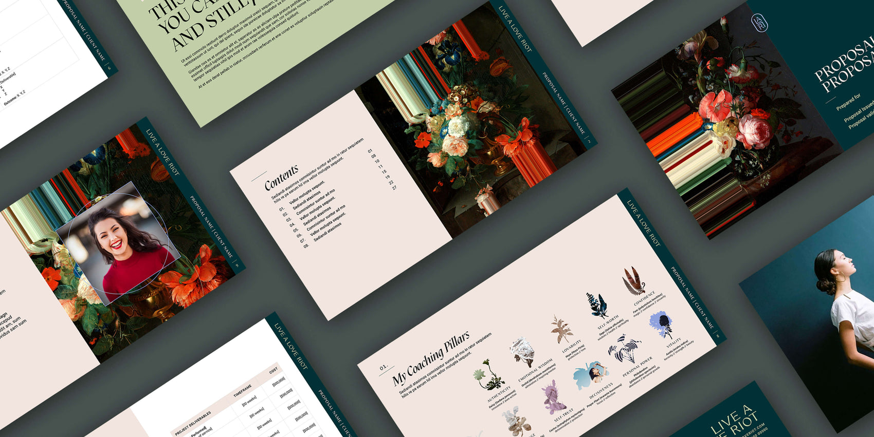 Coach branding case study image of the Vicki Garcia presentation design. Using the Live A Love Riot brand assets, this package is perfect for crafting proposals.