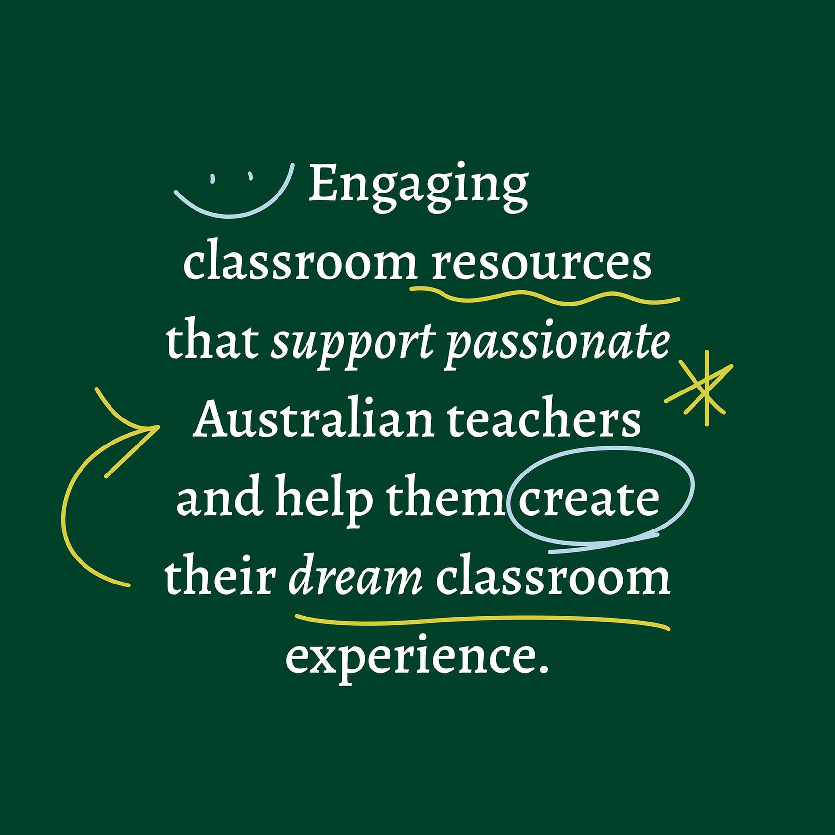 Retro childhood inspired branding case study image showing a selection of creative typesetting for educational resources brand Love Always Classroom. On a dark green background, a brand statement is set in a funky serif with annotation marks and hand-drawn line textures highlighting certain elements. 
