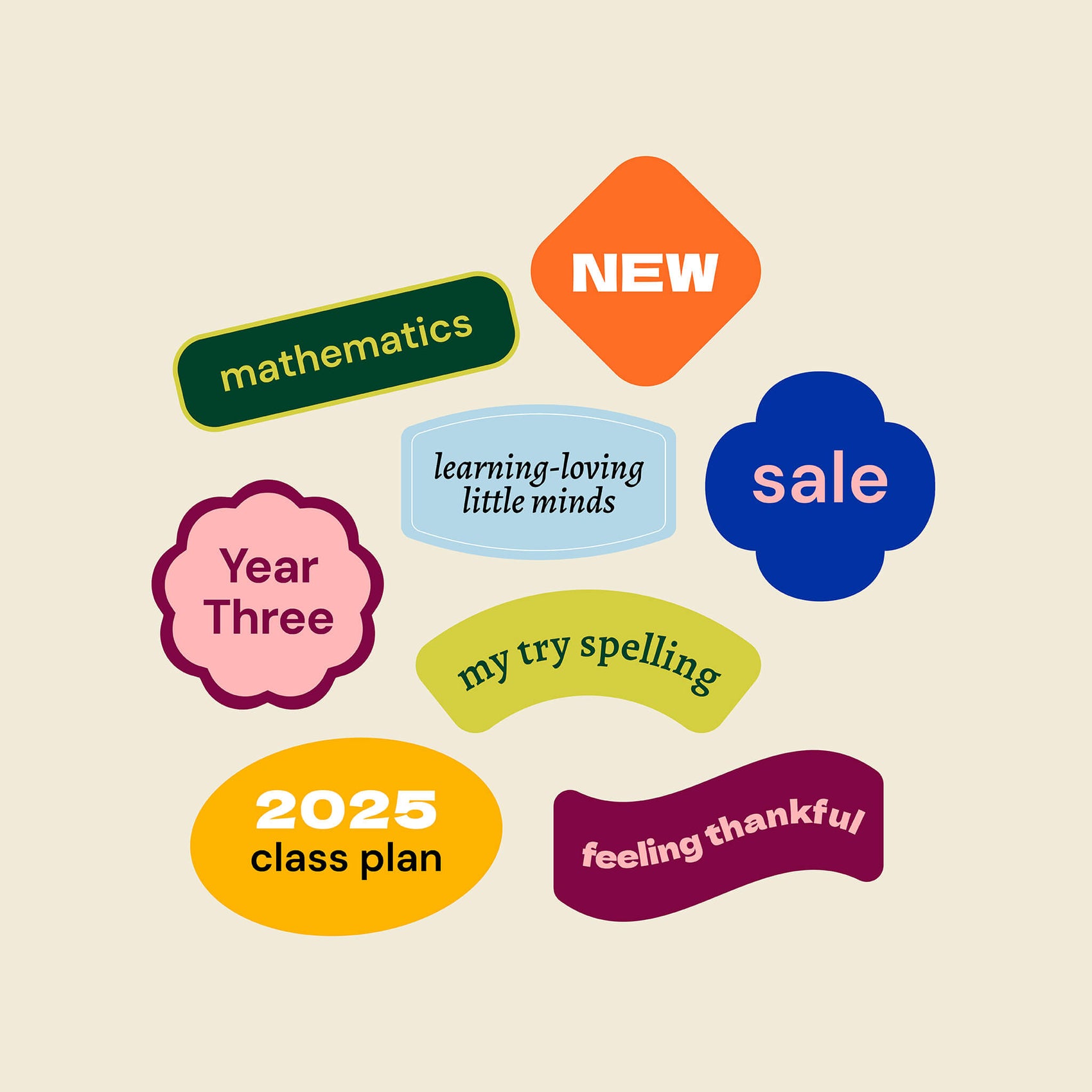 Retro childhood logo designs for brand identity case study of Love Always Classroom. On a cream background, these supporting marks and Shopify badges utilise fun brand font pairing and geometric shapes for a child inspired branding project.