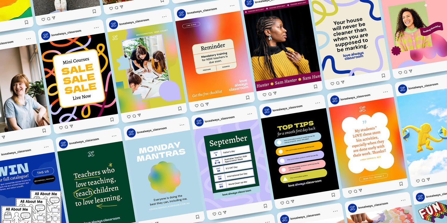 Colourful vintage inspired education branding case studies image showing the Love Always Classroom custom social media templates. Combining the 1960s geometric shapes, childrens colour palette and unique typography, these bold canva templates feel fun and joyful.