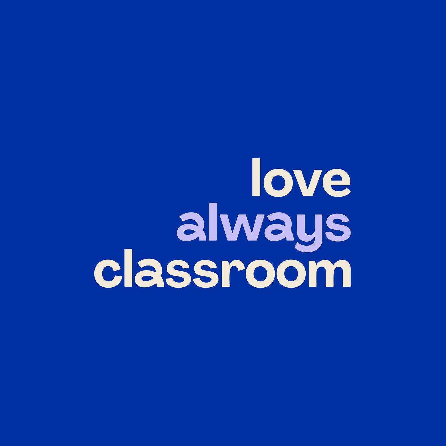 Learning resources branding case study image showing the Love Always Classroom child logo design. On a blue background, the colourful minimal logo design is in cream an lilac, the blocky letterforms featuring a custom swirling ‘a’.