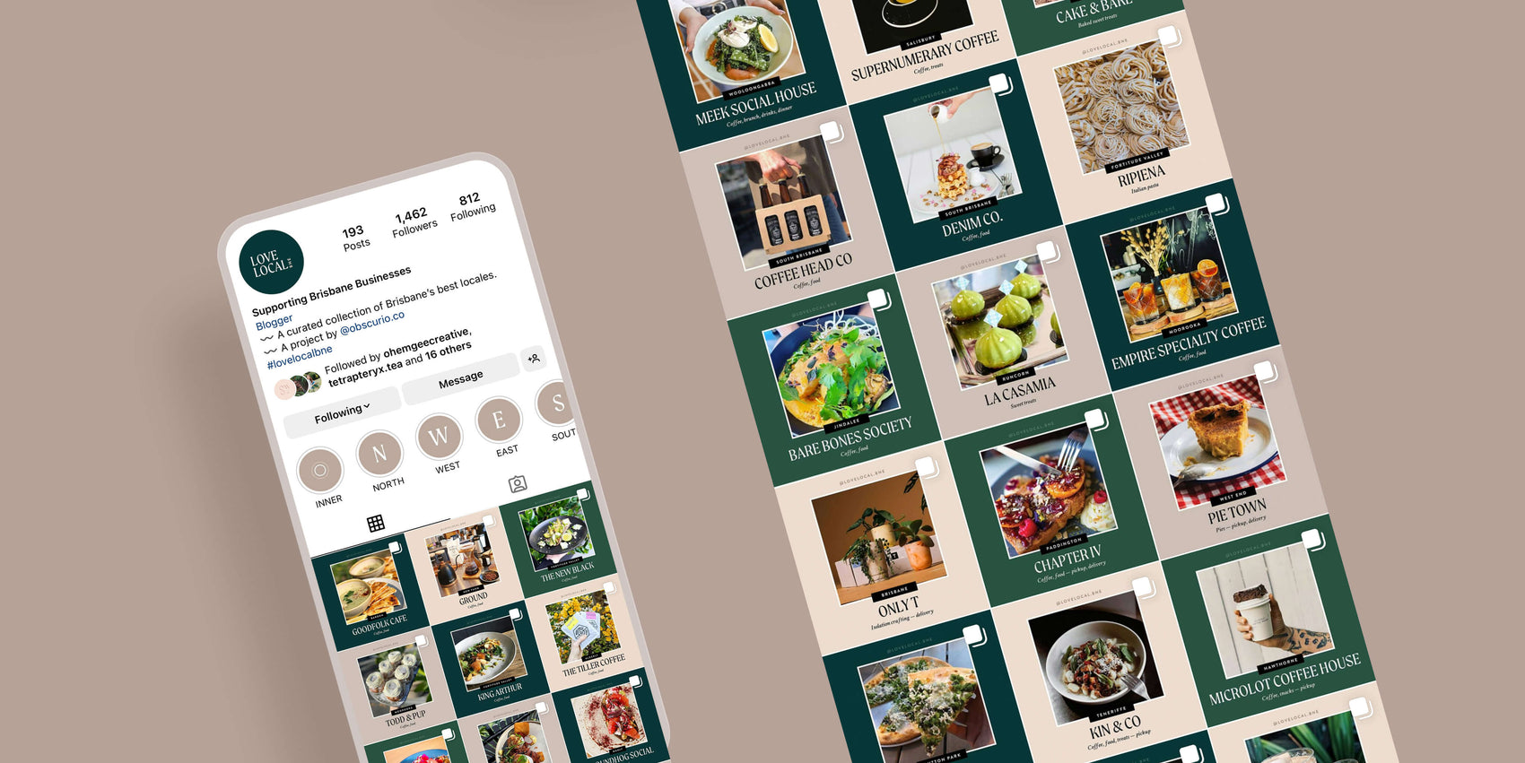 Brisbane brand designer portfolio image of the Love Local BNE Instagram feed. The posts are cream, beige and green colours and feature imagery from Brisbane’s favourite businesses and locations. 
