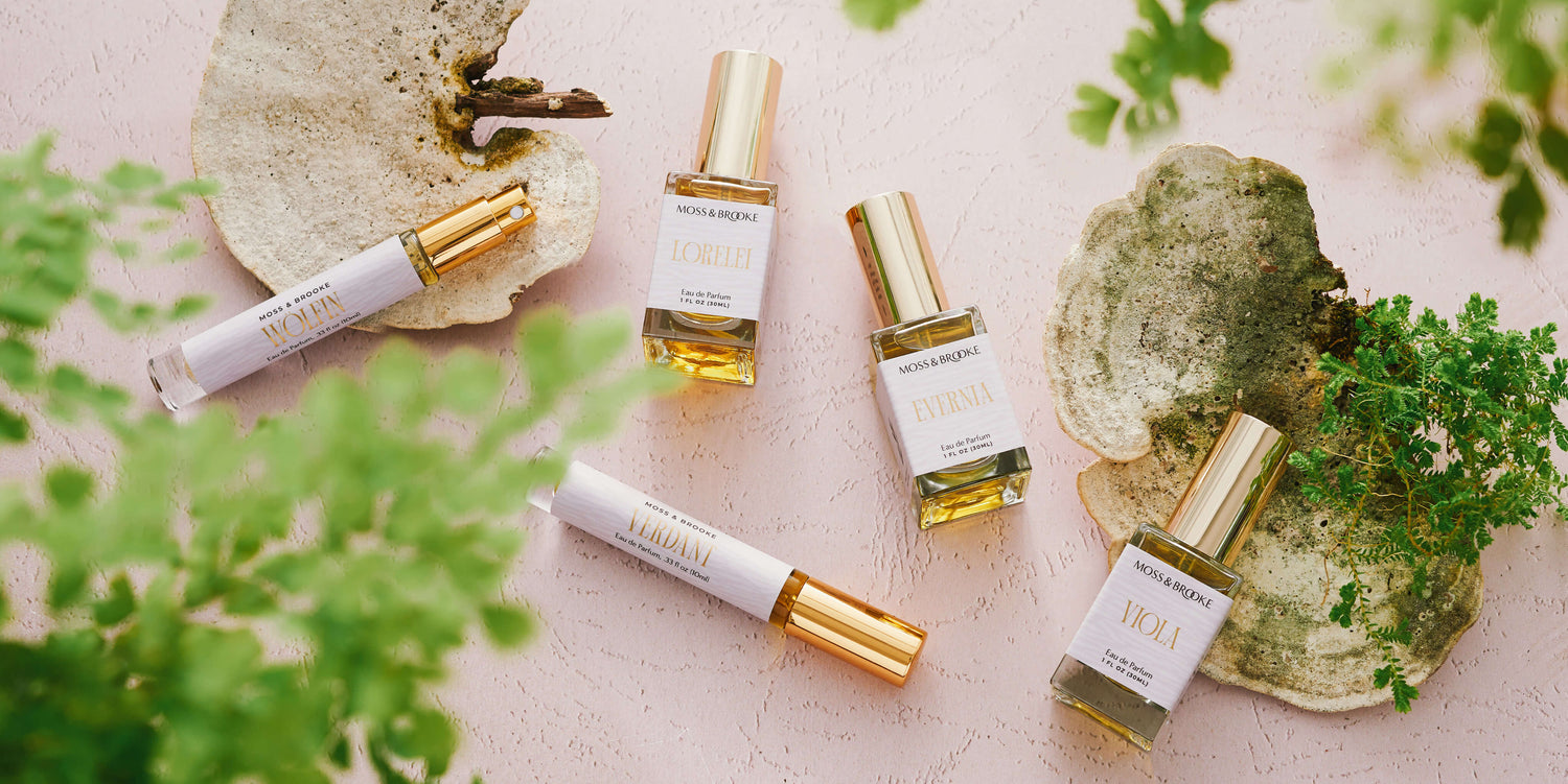 Image of the Moss & Brooke collection of botanical inspired natural perfumes with custom brand identity and unique brand design. The glass bottles sit on a cream background with greenery around them. 