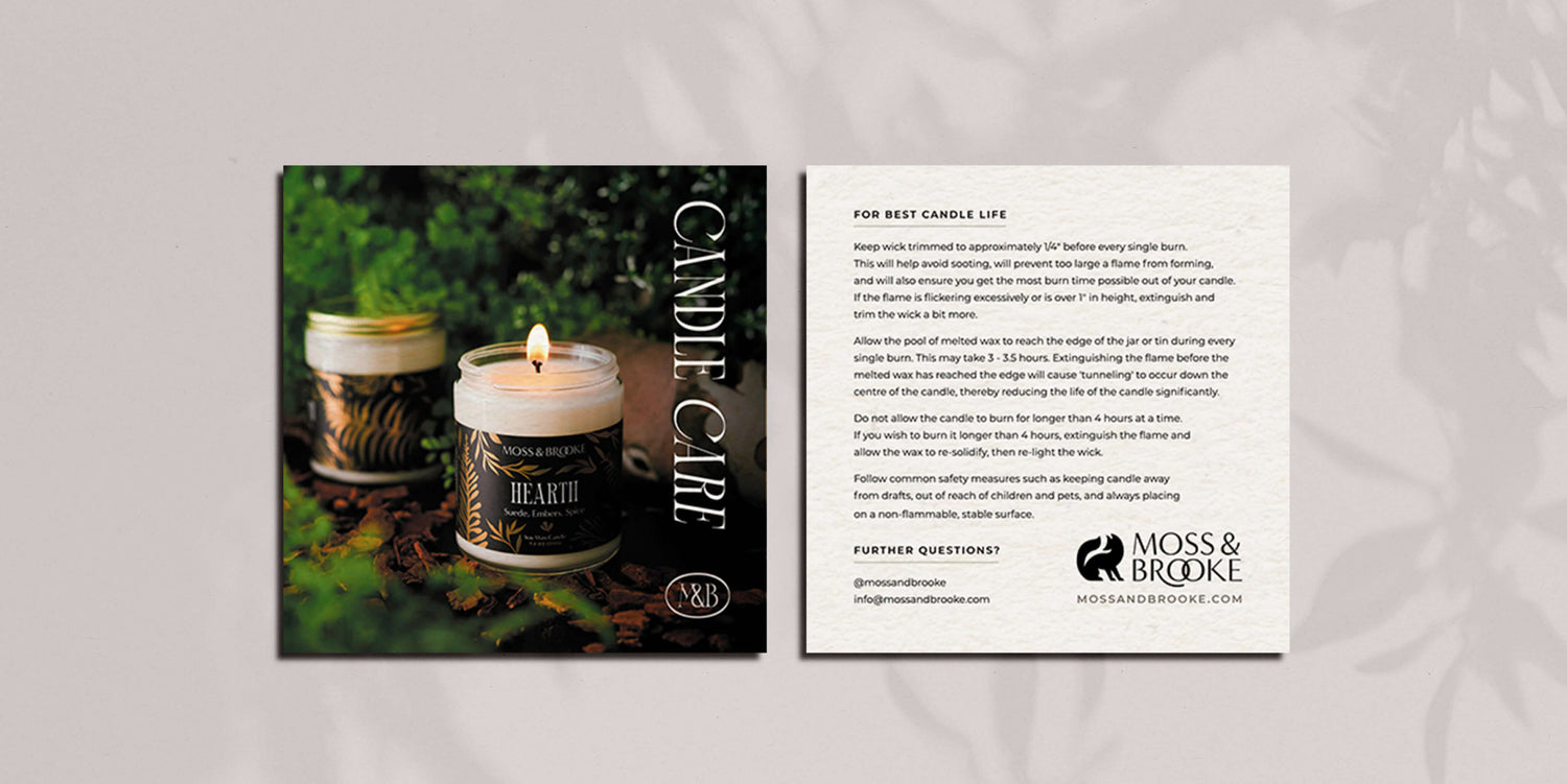 Rebranding skincare case study image of the Moss & Brooke branded candle care cards. The front card features images of the candles while the back is set with clean typography of the care instructions.