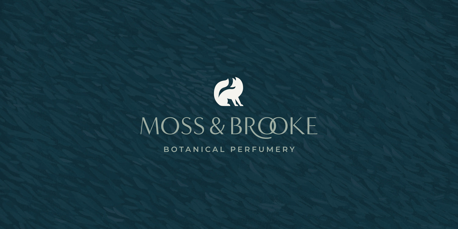 On a textured green background sits the Moss & Brooke logo design in cream and light green. The letterforms are elegant and flow together while the white fox icon is contemporary and memorable. 