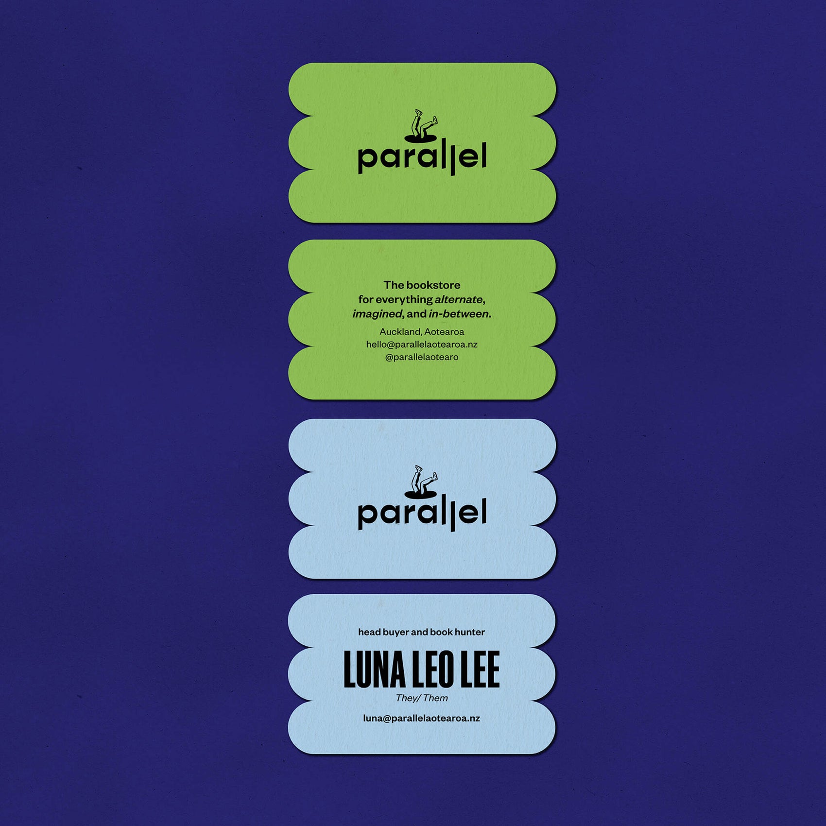 Coffee House brand identity case study for Parallel shows the two business cards on a bright blue background. Both feature a custom dieline and ‘blobby’ shape with a light green card being ‘generic’ for the store while a light blue one features contact details for founder Luna.