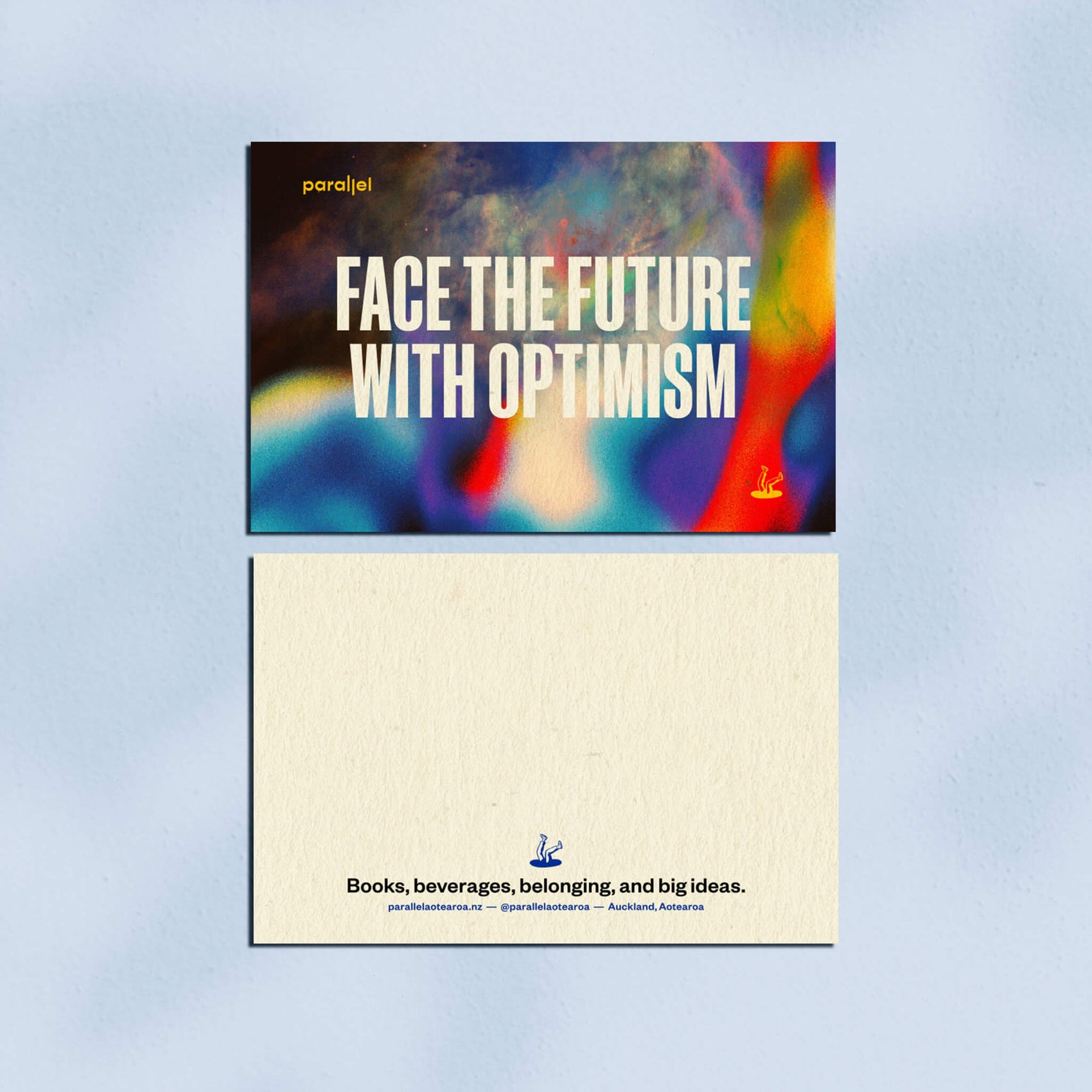 Brand designer portfolio image of the Parallel custom thank you cards. The front features a brand support graphic and the phrase ‘face the future with optimism’ while the back is mostly blank to allow for a handwritten message.
