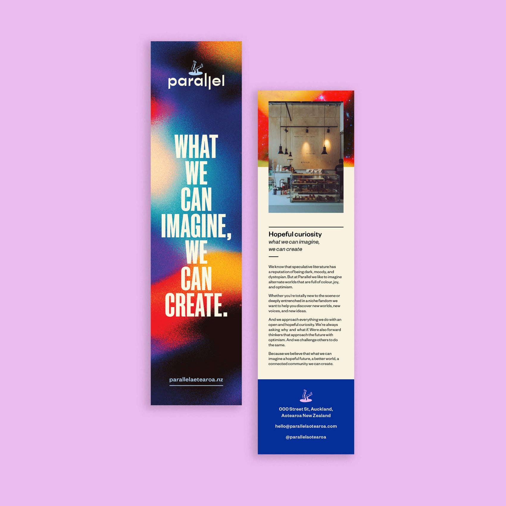 Bookstore brand identity case study of the Parallel bookmark to be posted out with orders. The front features brand typography and supporting space textured background while the back contains content and an image of the store.