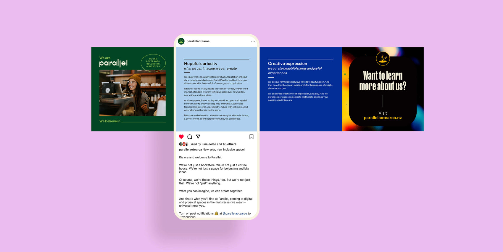 Bookstore brand identity case study image of one of the Parallel social media templates for carousel posts. A post sharing the brand’s values features bold colours and clean typography. 