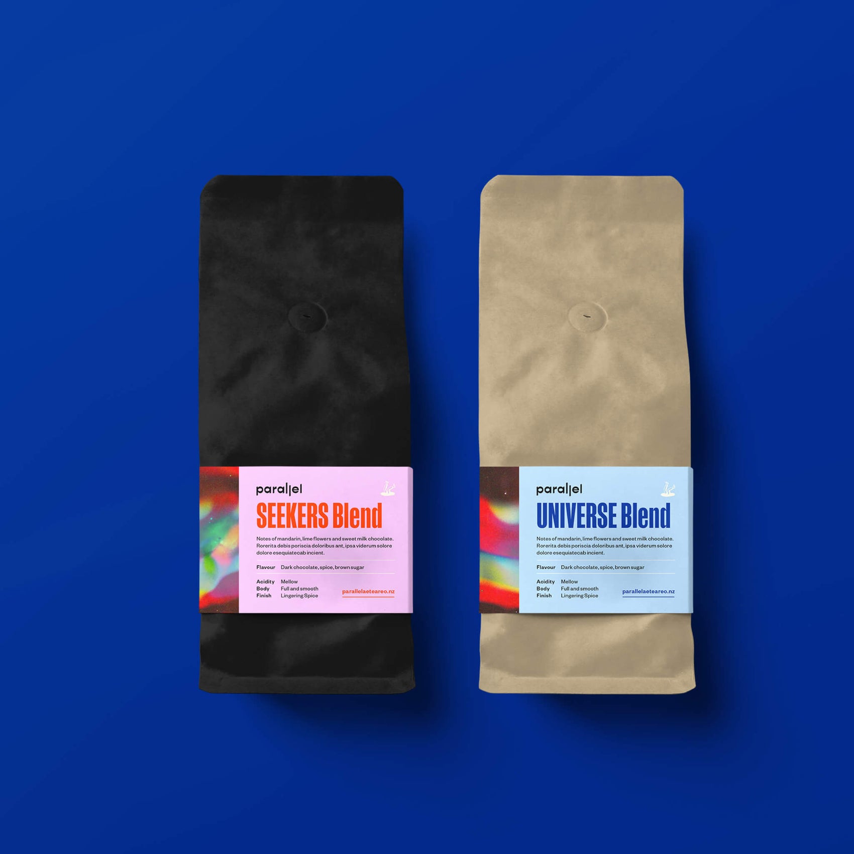 Brand designer portfolio image of Parallel coffee blend belly bands. The design features bold but easy to read typography and space supporting graphics. 
