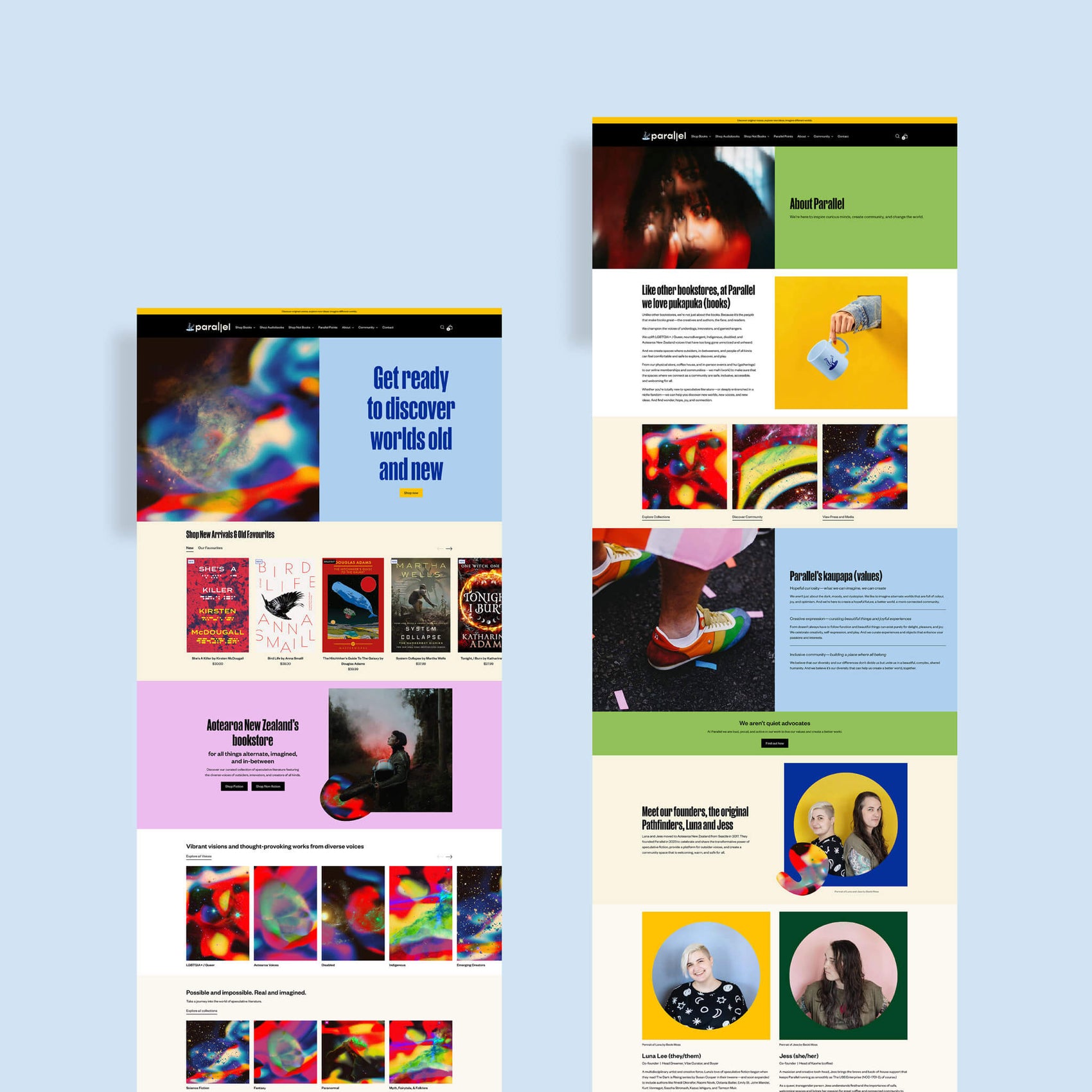 Brand designer portfolio image of the Parallel home and about pages on a light blue background. The website design features bright colours like sky blue, cool pink and a warm green as well as strong typography and colourful space gradients. 
