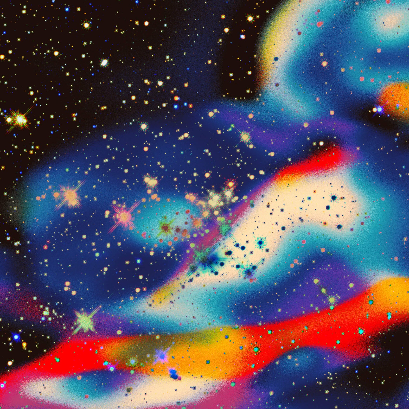 Bookstore rebranding case study brand support graphic for Parallel. A vintage-feeling space background is overlaid with a colourful primary-colour style gradient with blobby shapes.