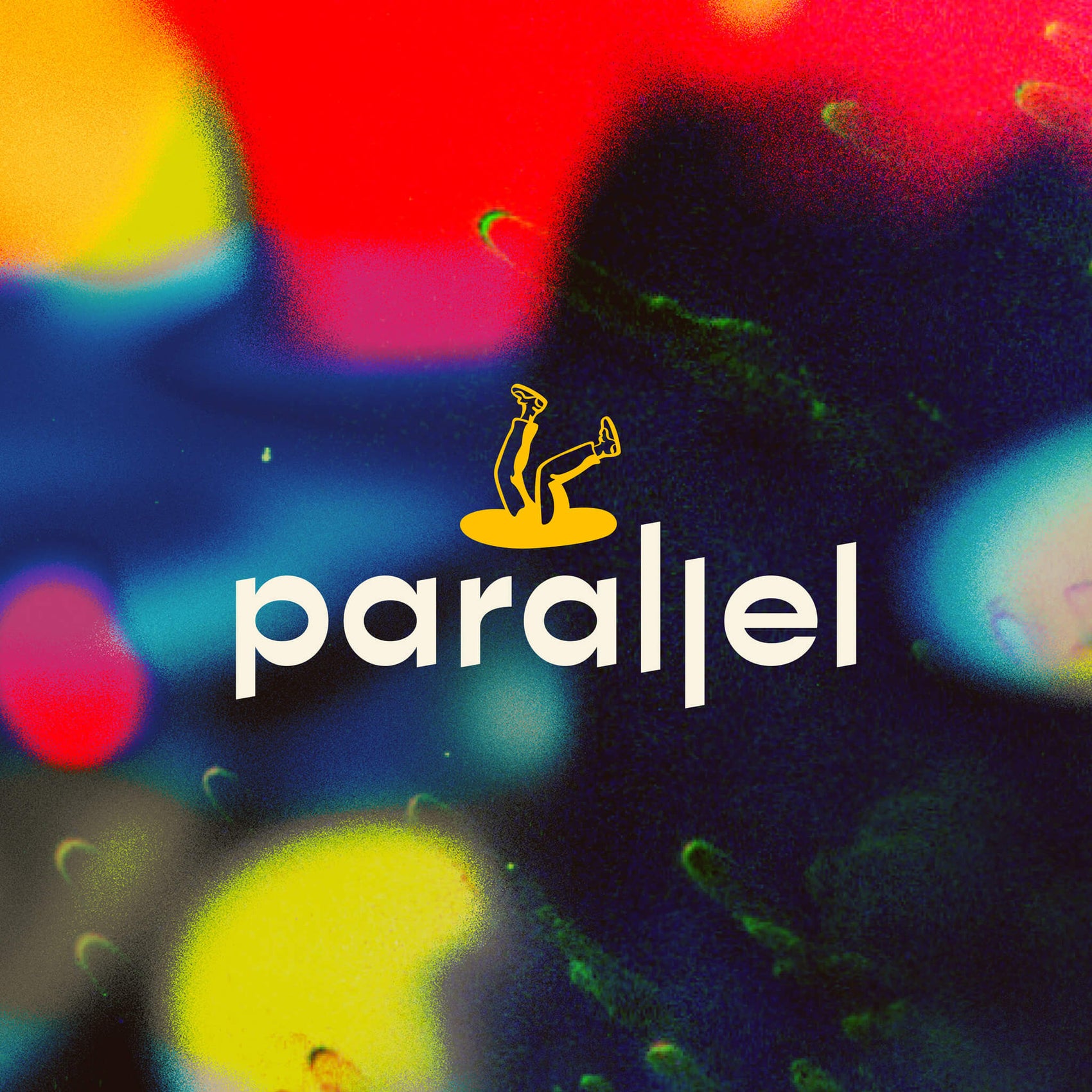 Bookstore brand design portfolio cover image for Parallel containing a spacey-textured image with a noisy and blobby primary-coloured gradient overlaying it. In the centre is the Parallel logo- a sans serif logotype with a small yellow illustrative icon of a pair of legs falling into a hole-like portal. 