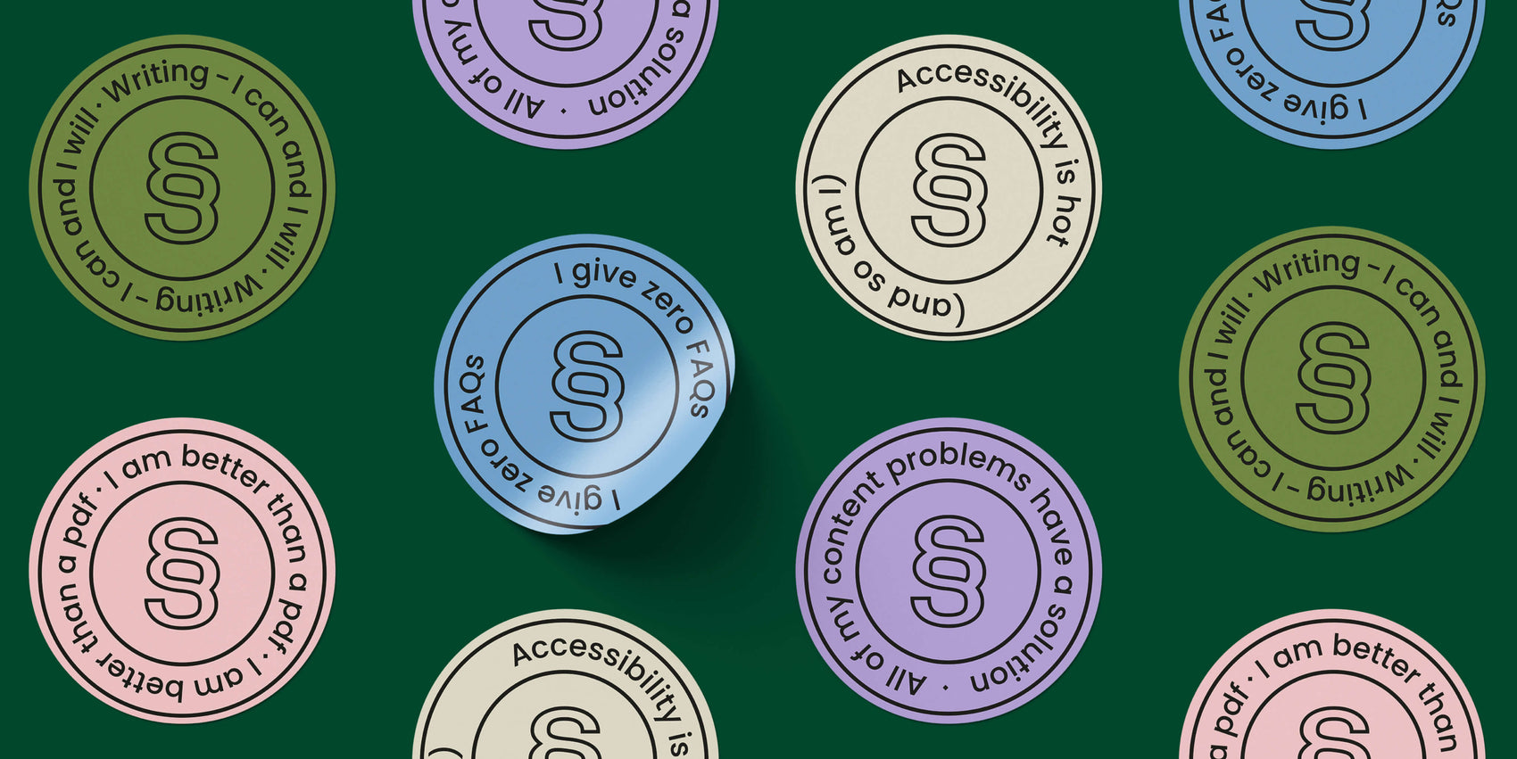Copywriter rebranding case study image of Sarah Stanford’s content affirmation stickers. In a retro-inspired colour palette, the imagery contrasts the deep green background. 