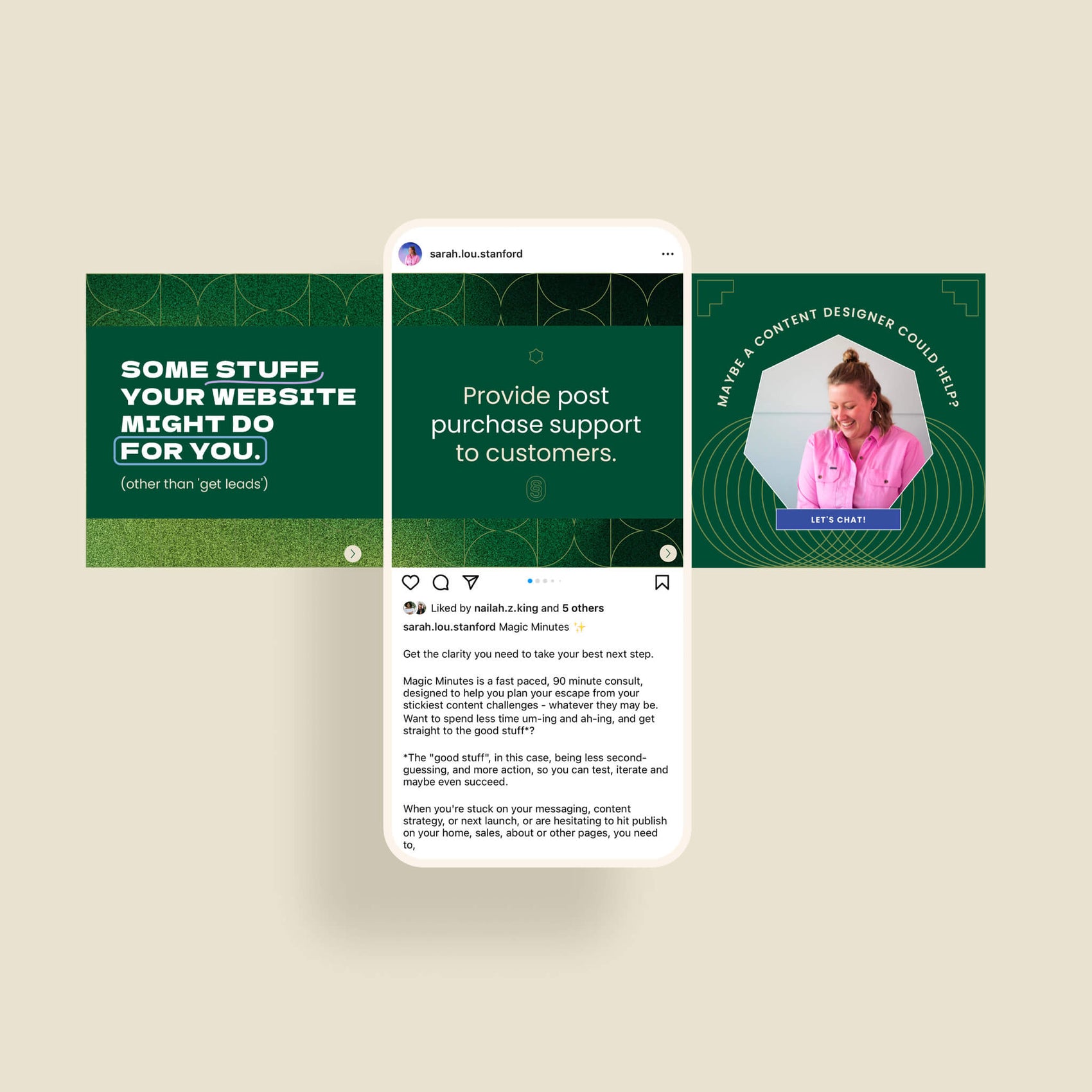 Brand Strategist brand identity case study image of one of the Sarah Stanford social media templates for carousel posts. A post shares content and features green gradients and line illustrations. 