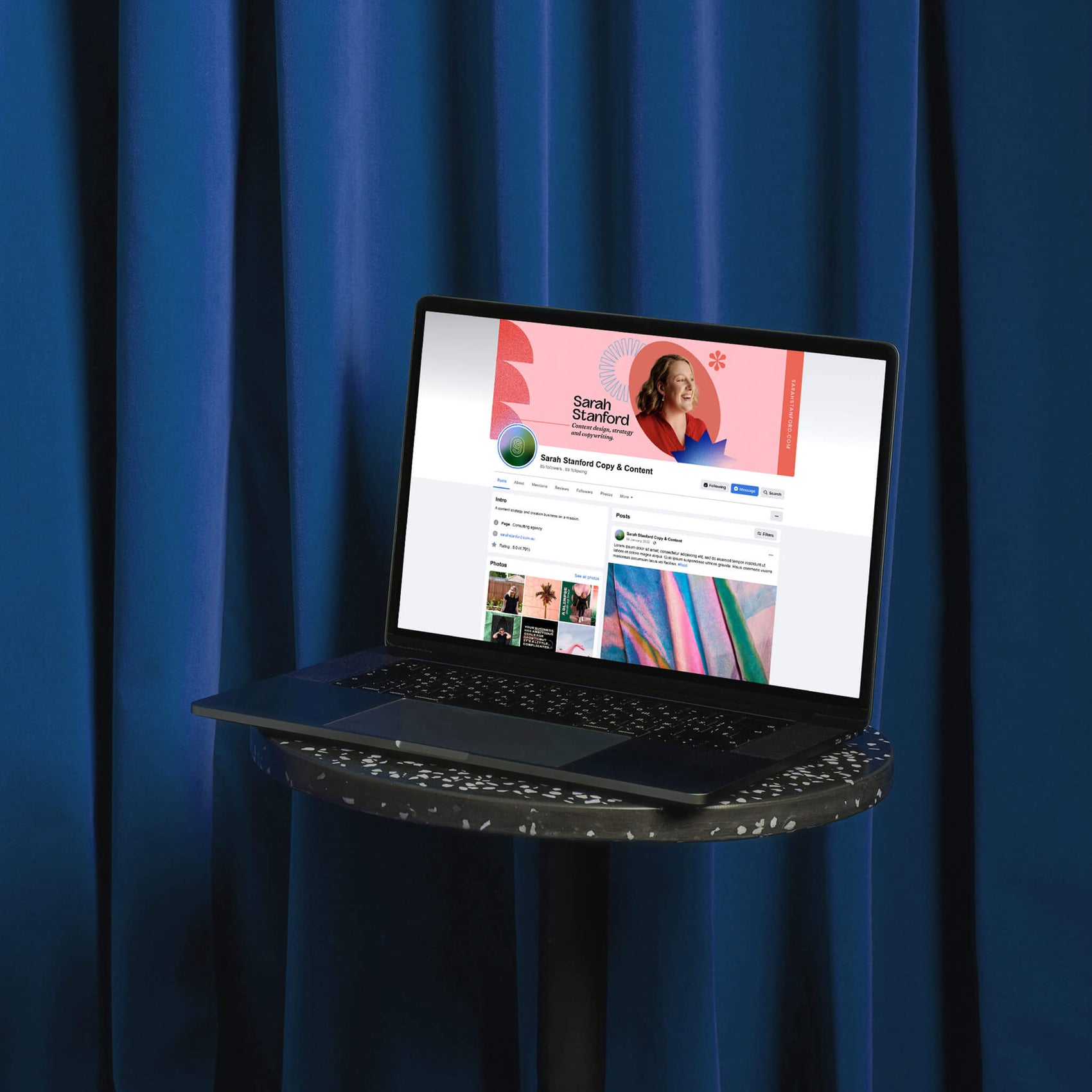 Brand identity case study image of the Sarah Stanford facebook profile design. The desktop view is on a macbook sitting on a stool in front of a blue curtain. 