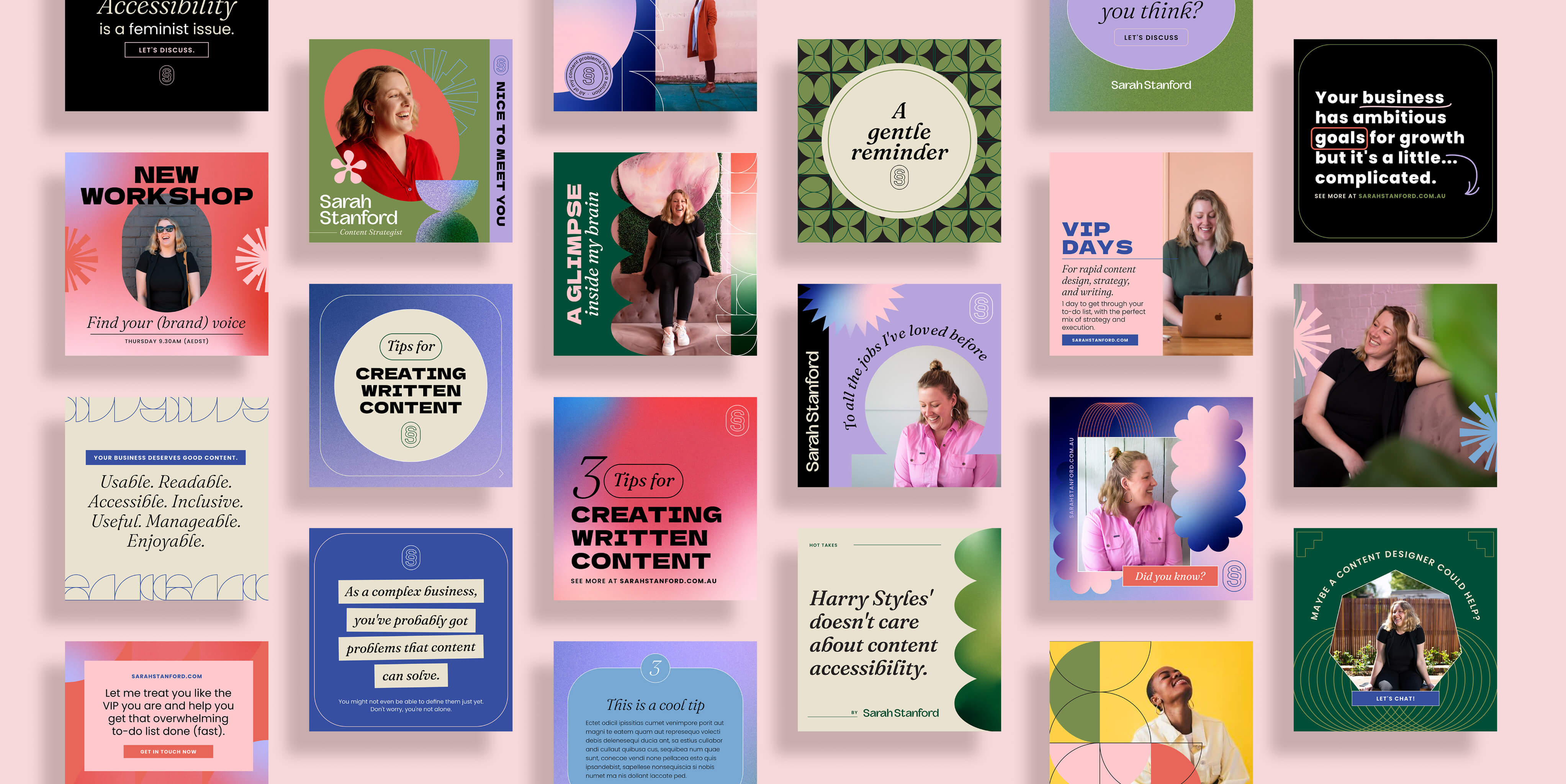 Brand identity case study image of Sarah Stanford’s custom social media templates. The imagery shows the bright brand colour palette, gradient support graphics and expressive typography. 